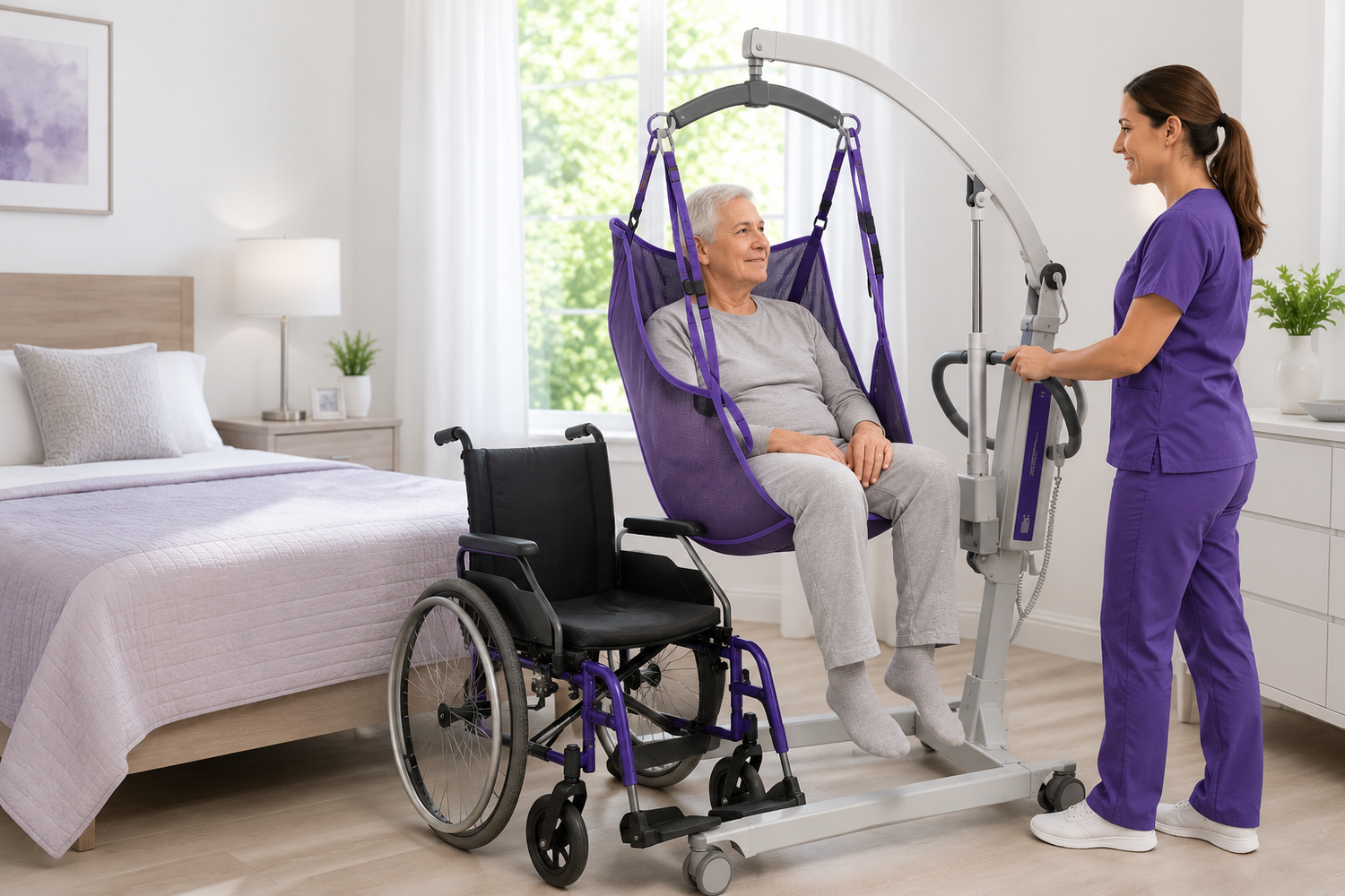 Nurse using electric patient lift to transfer senior man into wheelchair in bedroom