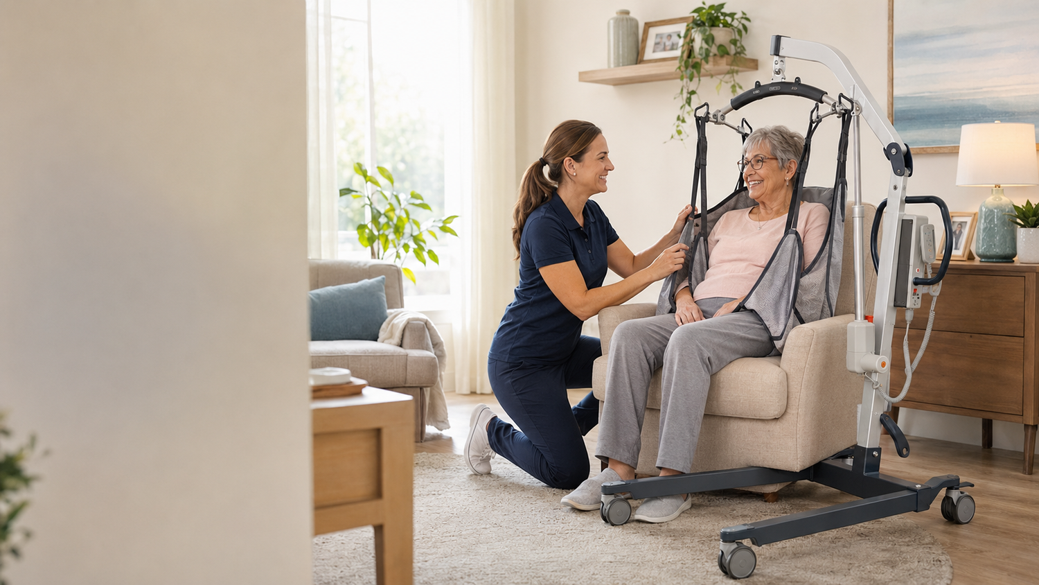 Joerns Hoyer electric patient lift assisting a safe bed transfer with a full body patient sling