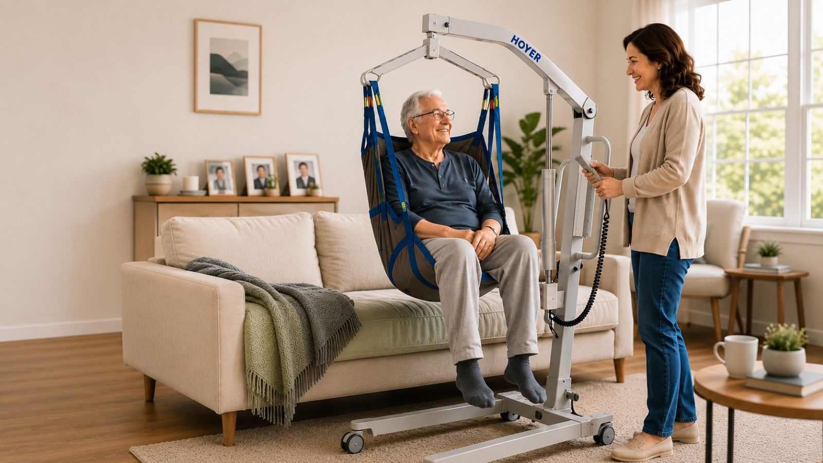 Caregiver using Hoyer hydraulic patient lift to safely transfer elderly man in living room