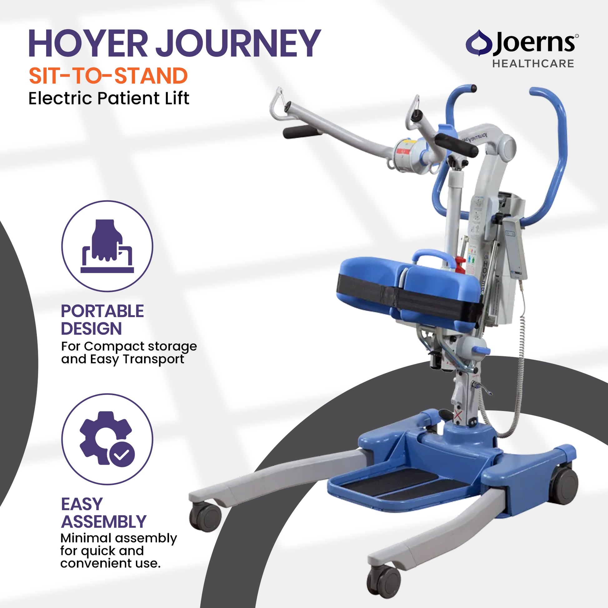 Joerns Healthcare Hoyer Journey sit-to-stand electric patient lift with feature callouts including portable design and easy assembly.