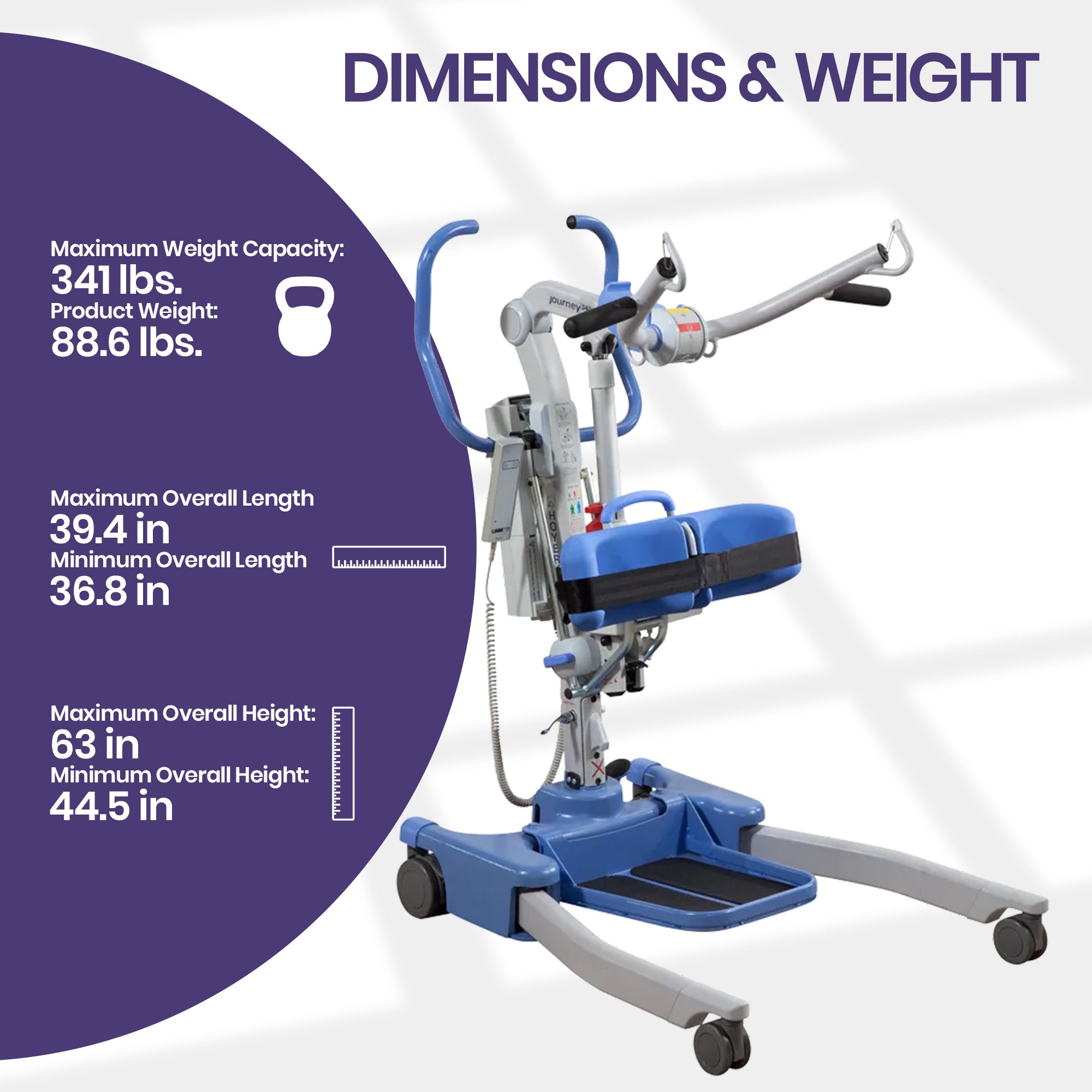 Joerns Hoyer Journey Sit-to-Stand Electric Patient Lift seat, backrest, and wheeled base with a large circle containing dimensions and weight specifications.
