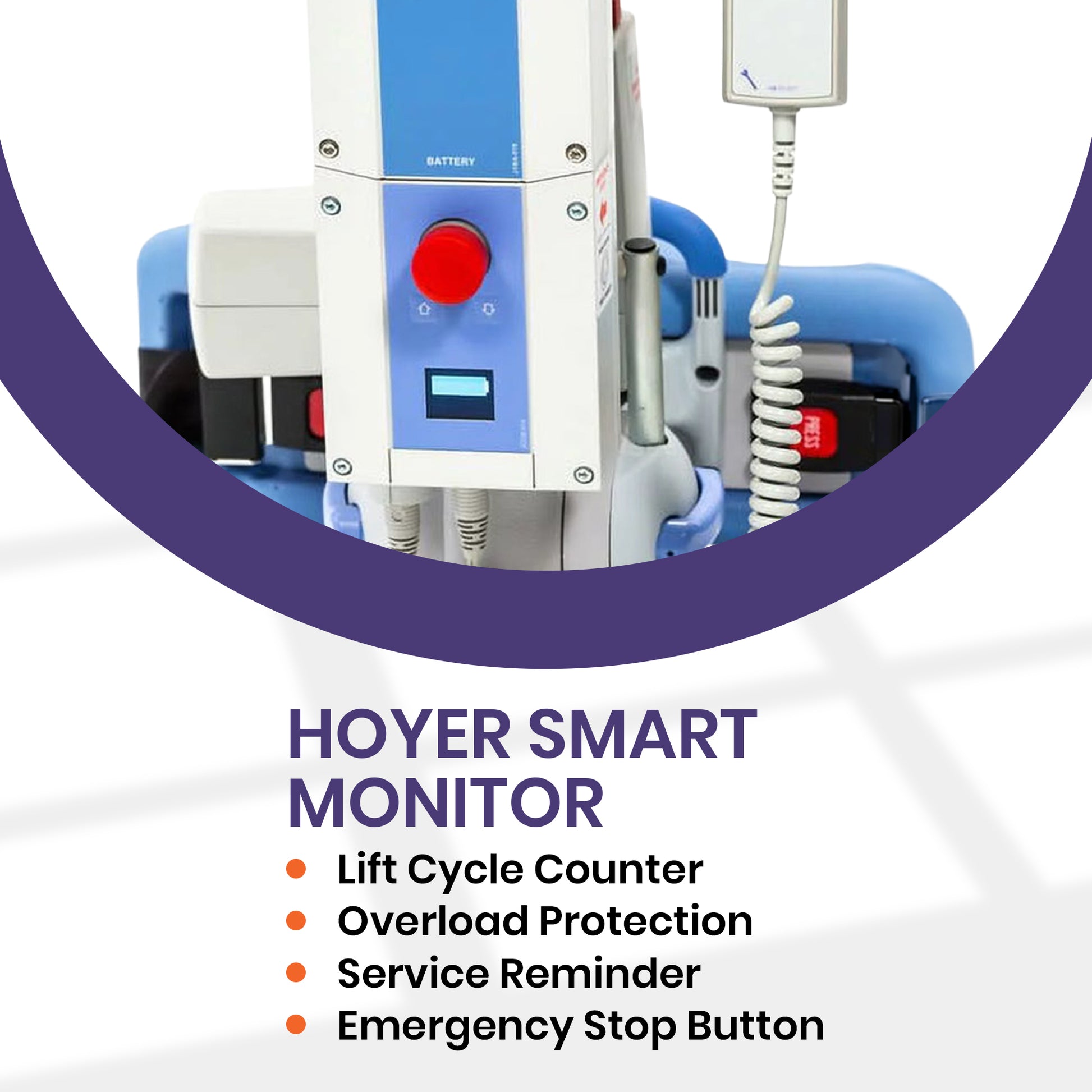 Joerns Hoyer Journey Sit-to-Stand Electric Patient Lift alongside a coiled wire and handheld attachment. Lift Cycle Counter, Overload Protection, Service Reminder, and Emergency Stop Button.