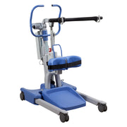 Hoyer Elevate Electric Patient Lift blue and silver motorized sit-up assist chair with a padded seat, footrest, and armrests, shown on a plain white background.