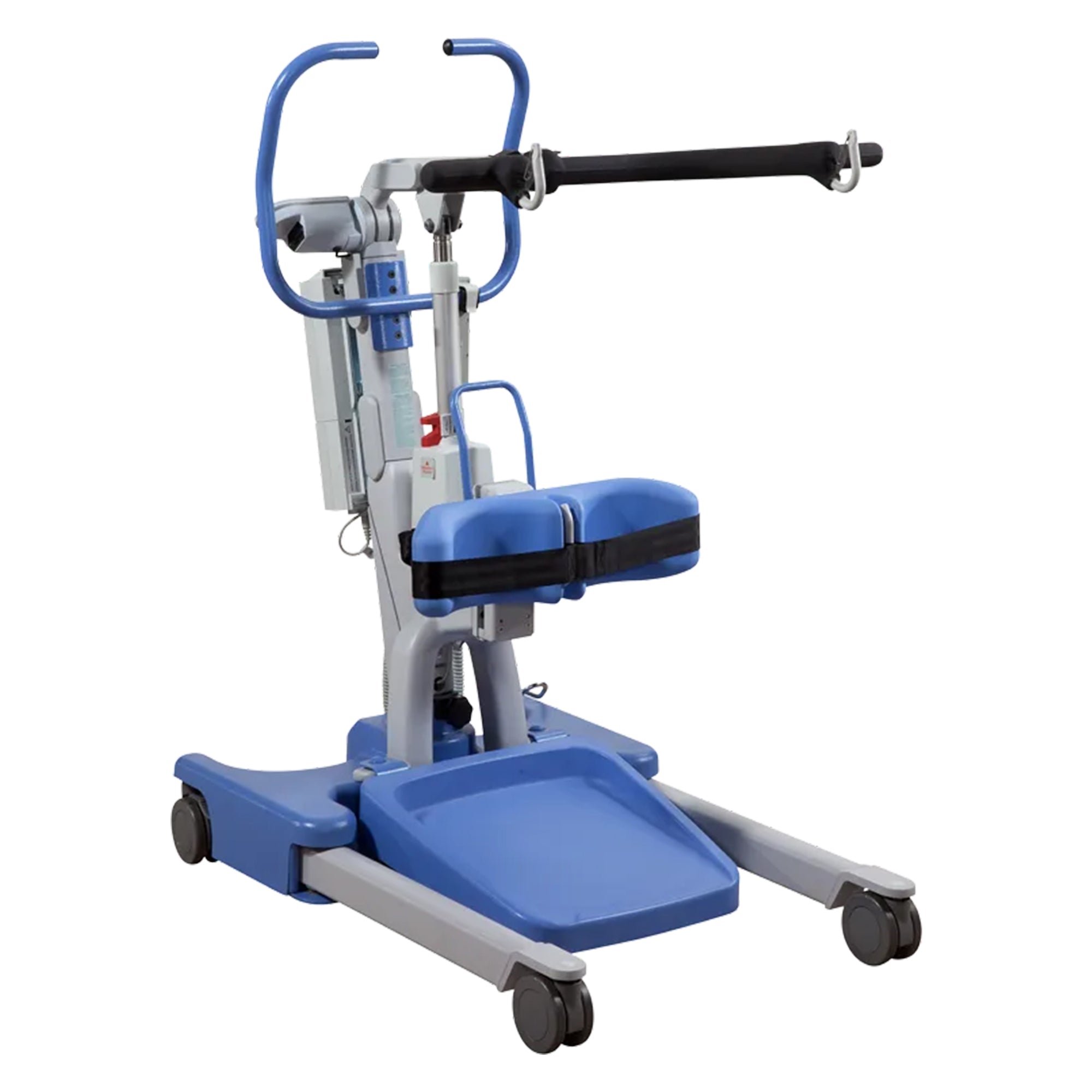 Hoyer Elevate Electric Patient Lift blue and silver motorized sit-up assist chair with a padded seat, footrest, and armrests, shown on a plain white background.