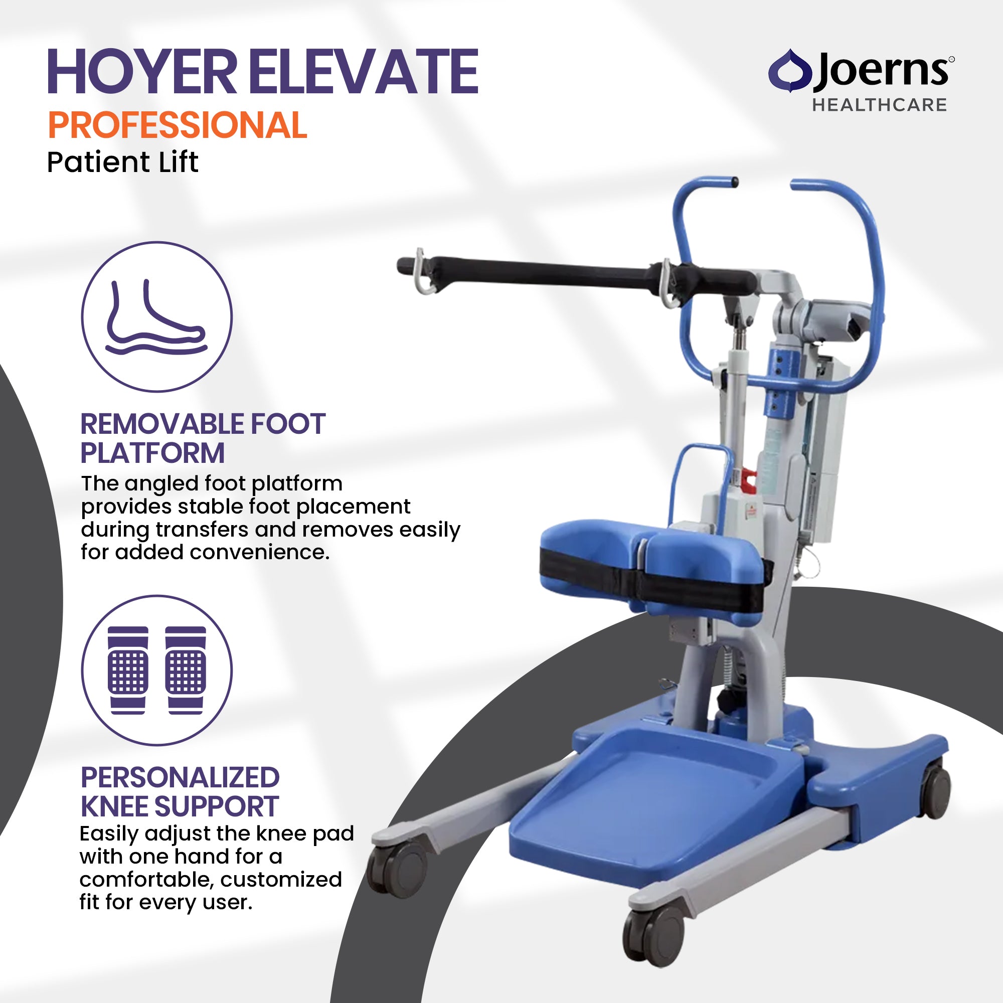 Joerns Healthcare Hoyer Elevate Electric Patient Lift removable foot platform and personalized knee support.