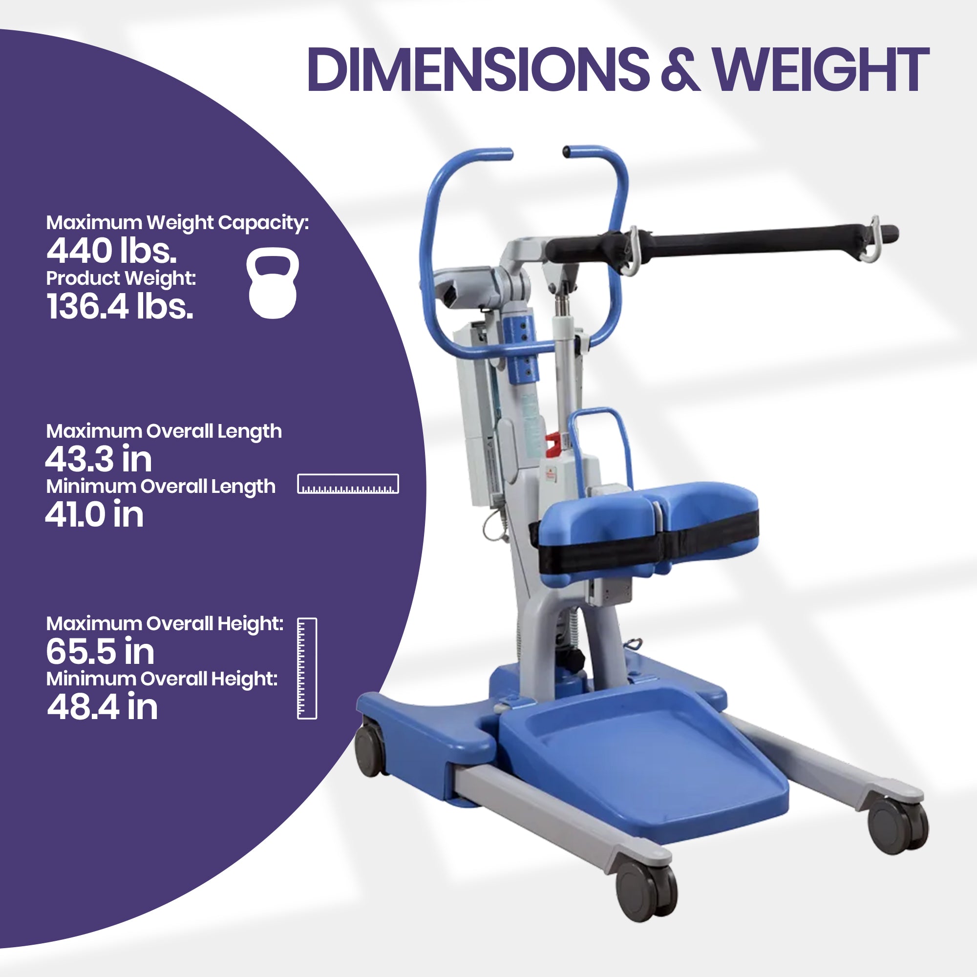 Hoyer Elevate Electric Patient Lift transfer chair with a padded seat and side rails, alongside. Side profile of Hoyer Elevate powered sit-to-stand lift