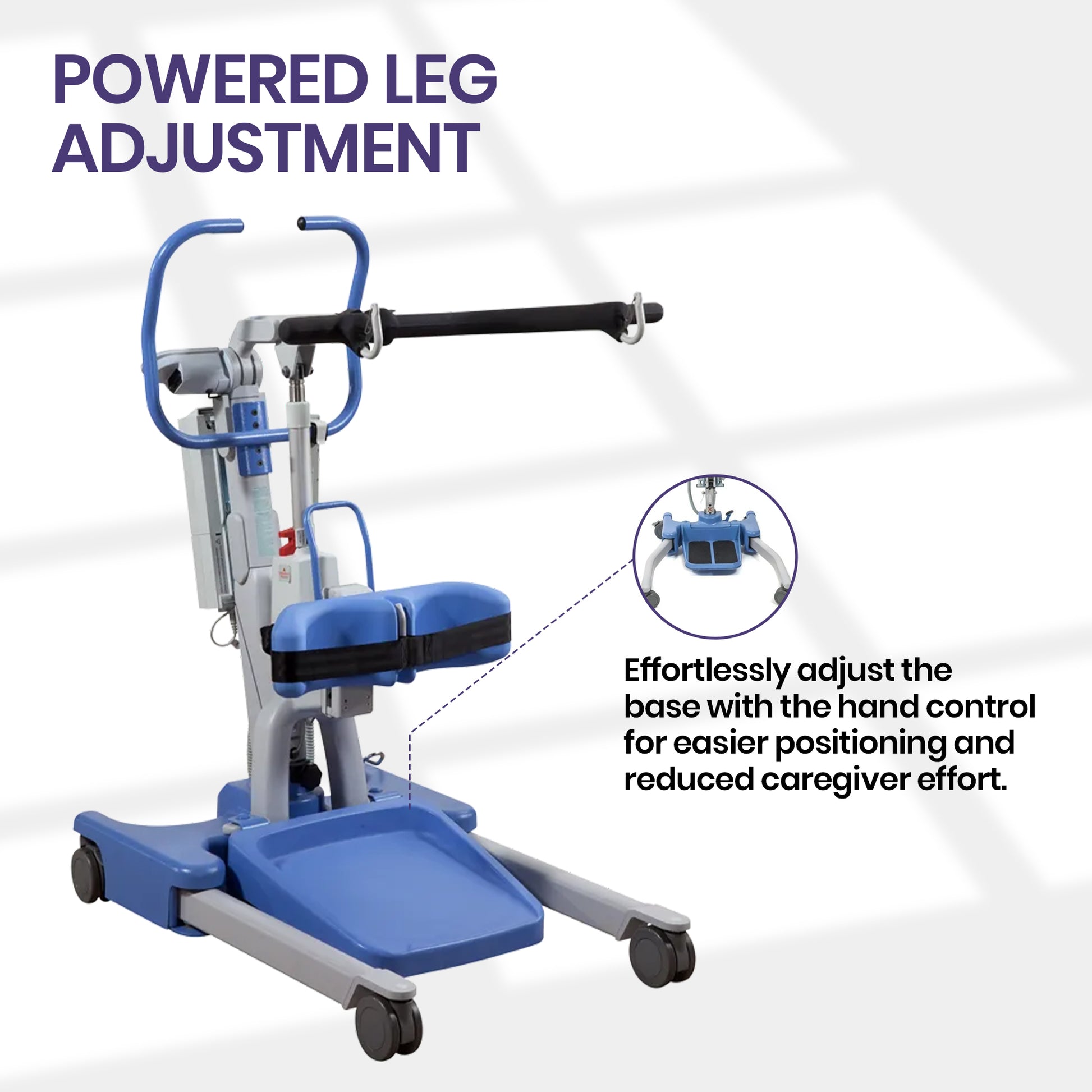 Hoyer Elevate Electric Patient Lift adjustment caregiver lift with a hand control and plus a circular inset showing the base adjustment mechanism.