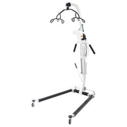 A white and black medical patient lift with four wheels, featuring a four-groove overhead cradle, hydraulic lift mechanism, and handle grips, shown on a solid white background.