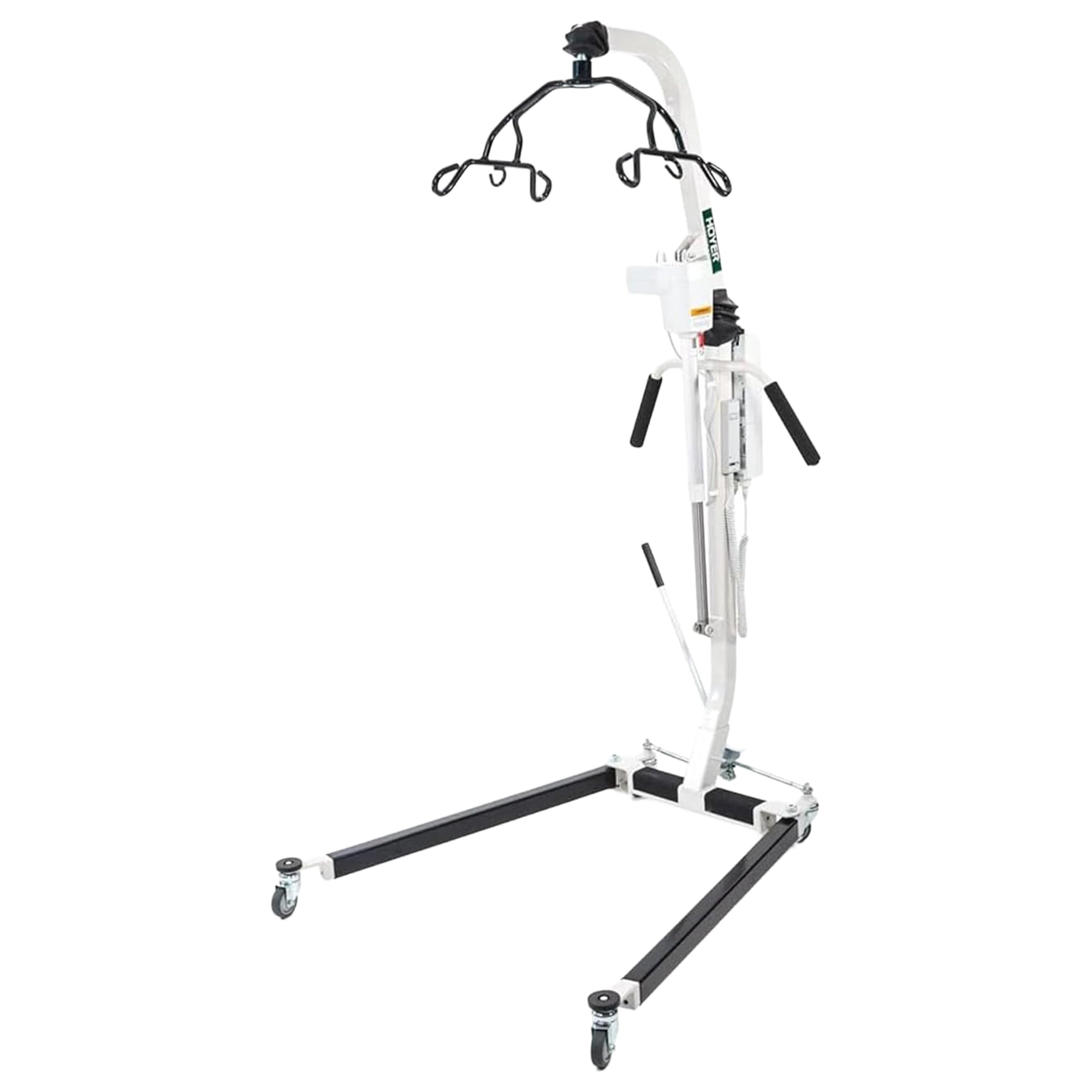 A white and black medical patient lift with four wheels, featuring a four-groove overhead cradle, hydraulic lift mechanism, and handle grips, shown on a solid white background.