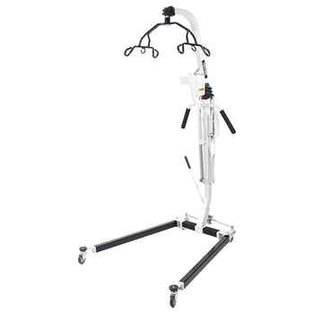 Hoyer HPL402 Electric Patient Liftlwith four wheels, featuring a four-groove overhead cradle, hydraulic lift mechanism, and handle grips, shown on a solid white background.