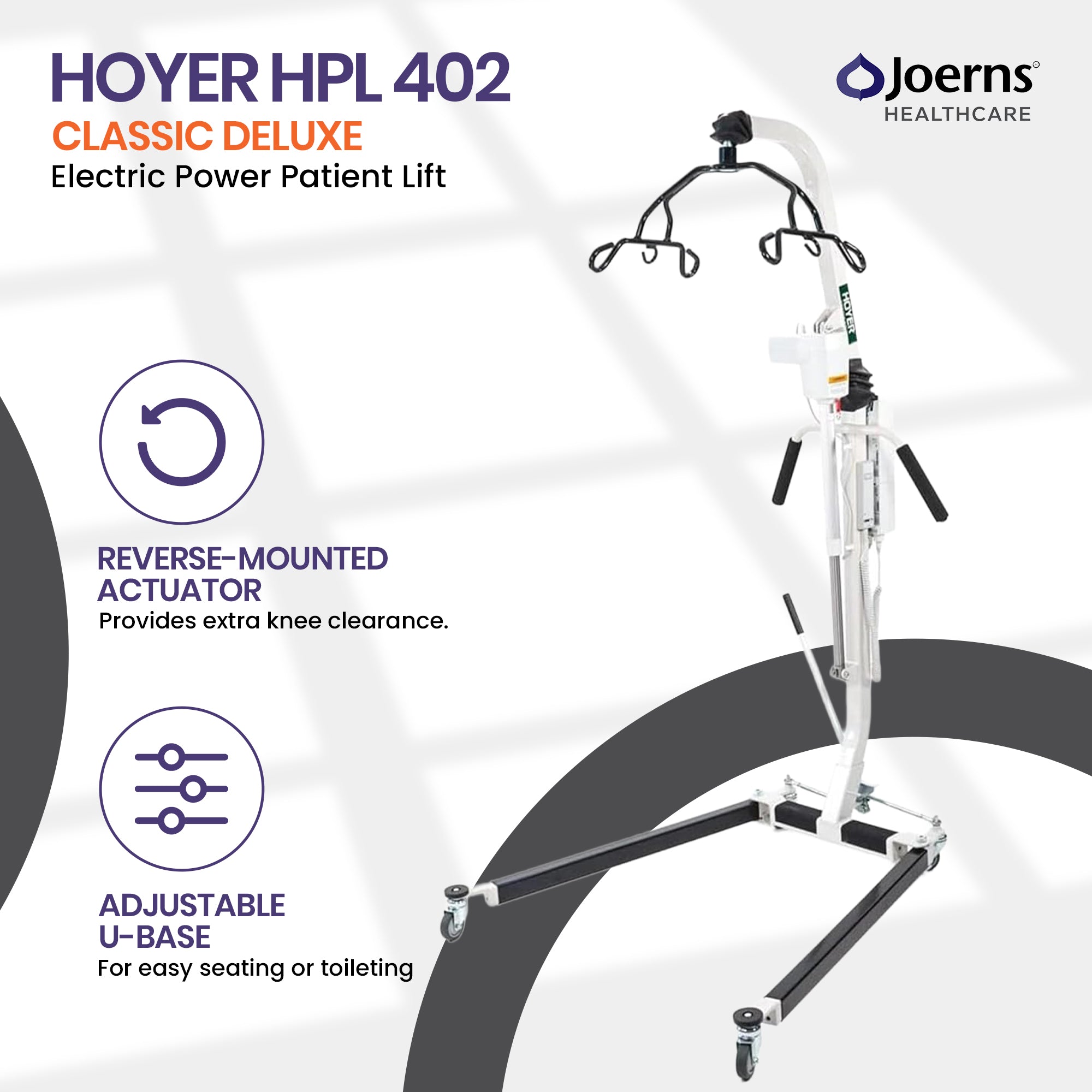 Joerns Healthcare Hoyer HPL 402 Classic Deluxe electric power patient lift on a white and gray background with feature callouts.