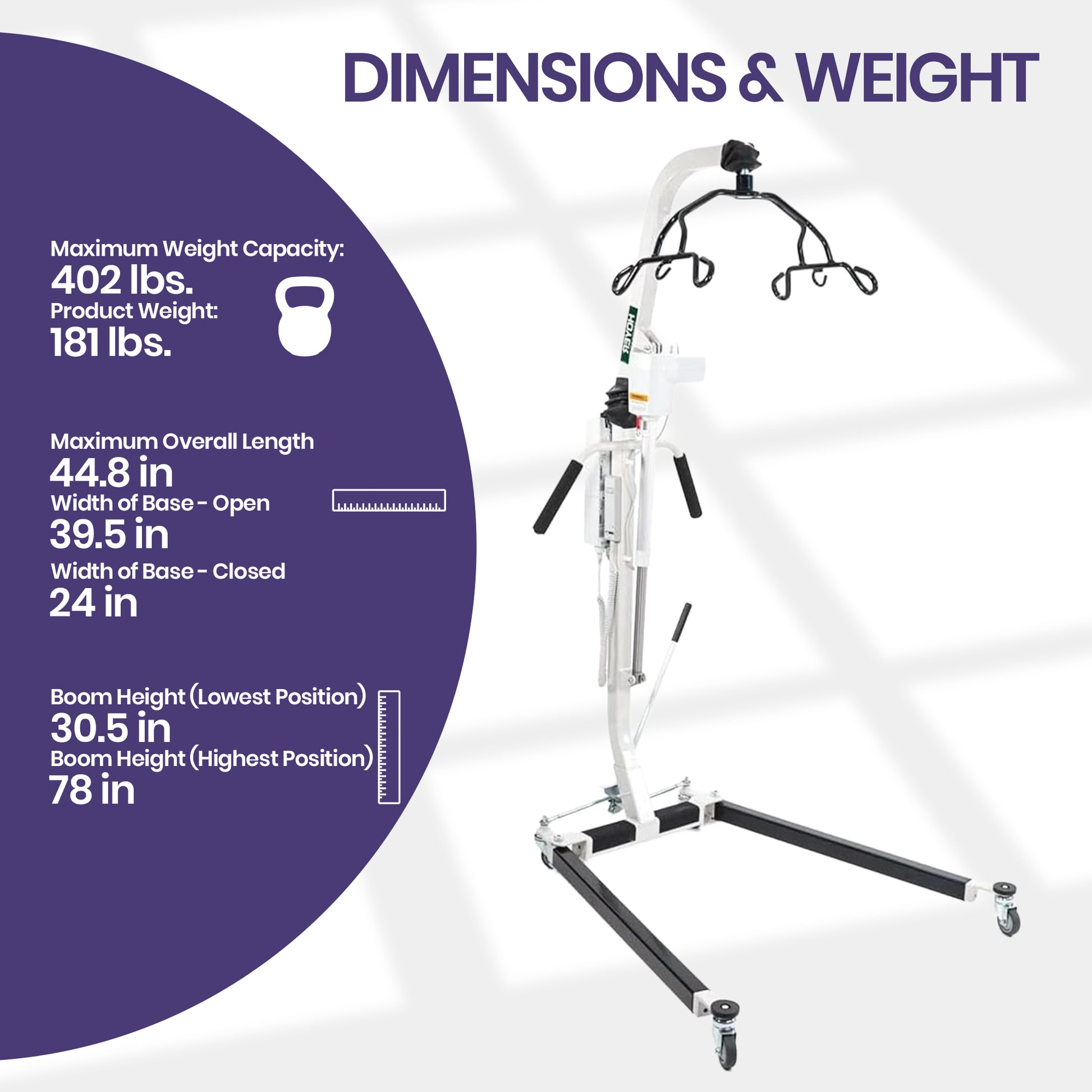 A freestanding hospital-style patient lift or transfer table shown on a white background with a large purple circular information panel on the left. The panel reads 'DIMENSIONS & WEIGHT' and lists capacity, weight, overall length, base dimensions, and boom heights.
