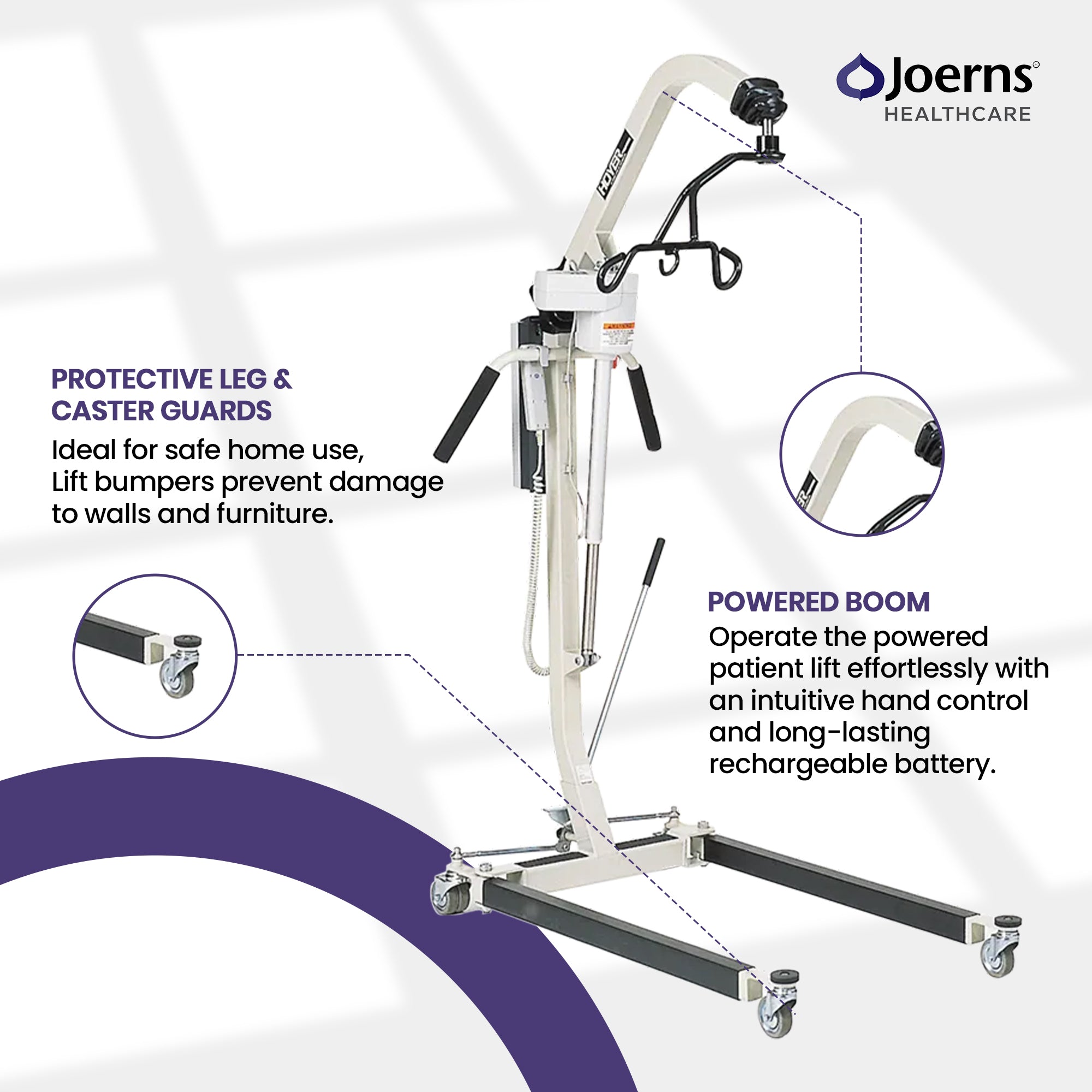 Joerns Healthcare powered patient lift shown on a white background with feature callouts and circular inset detail views. The image includes text describing protective leg and caster guards and a powered boom with rechargeable battery.