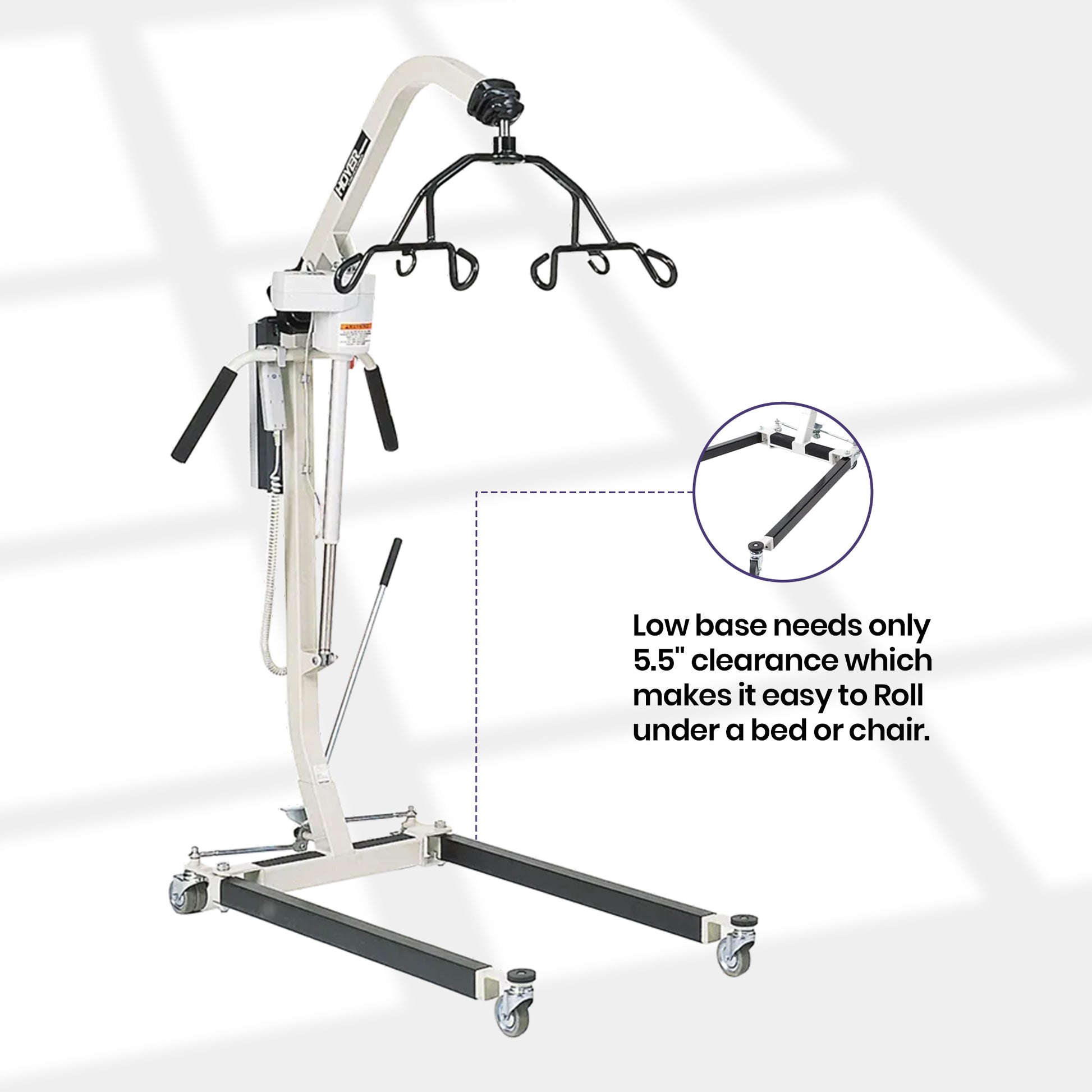 White and black medical lift chair with a wheeled base and overhead transfer frame, shown on a light gray background with a circular inset detail and explanatory text about low base clearance.