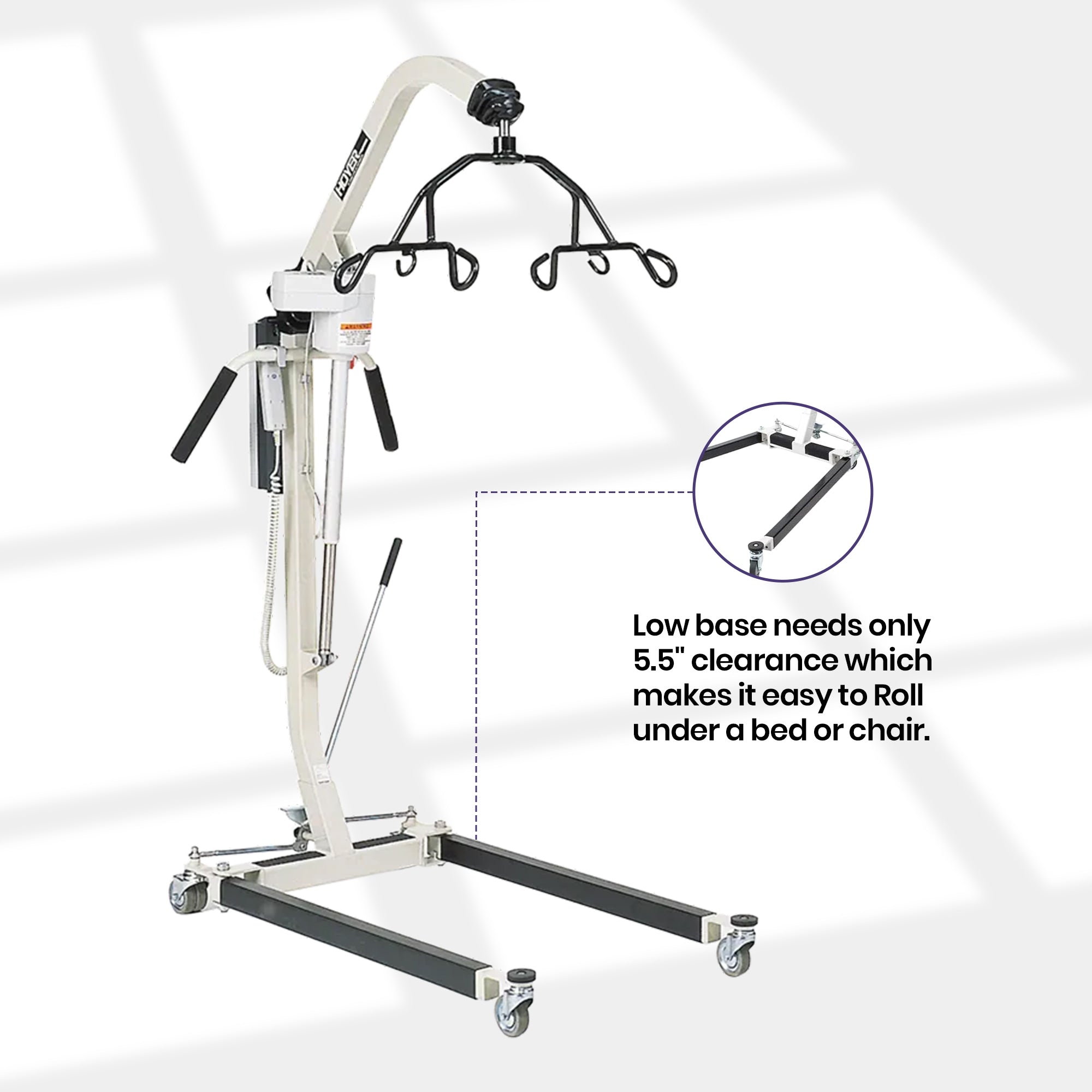 White and black medical lift chair with a wheeled base and overhead transfer frame, shown on a light gray background with a circular inset detail and explanatory text about low base clearance.