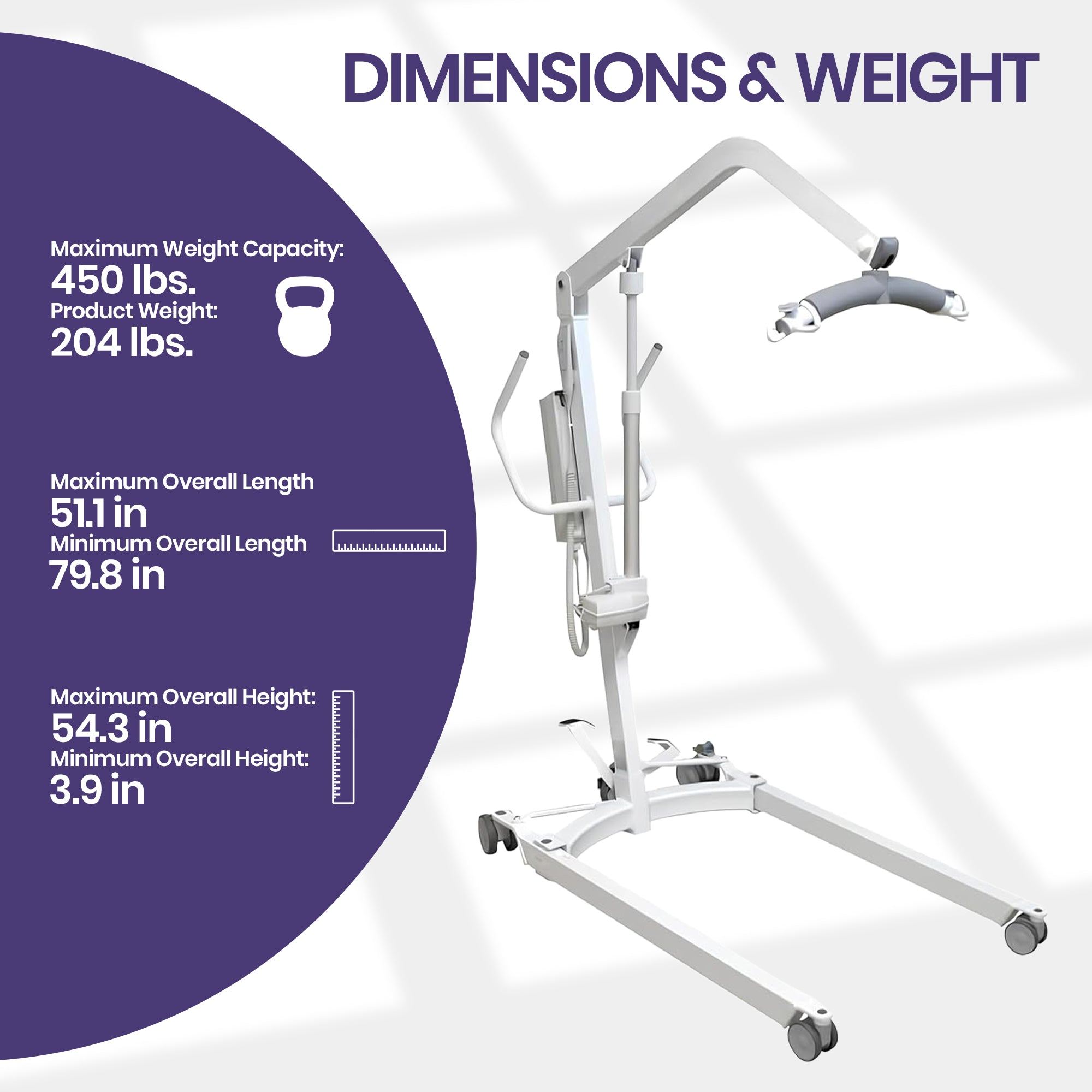 Side profile of Hoyer HPL450 mobile patient liftwith an adjustable arm and wheeled base, circle containing dimensions and weight capacity.