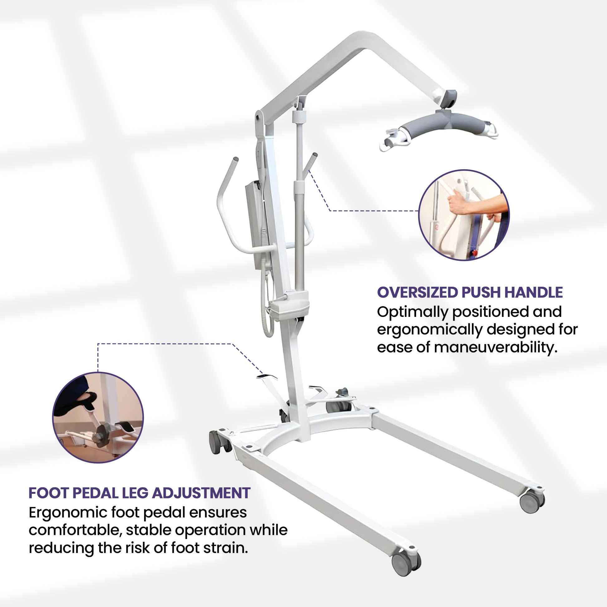 Adjustable lifting boom on HPL450 electric patient liftadjustable wheeled base, overhead push-pull handle, and foot pedal.