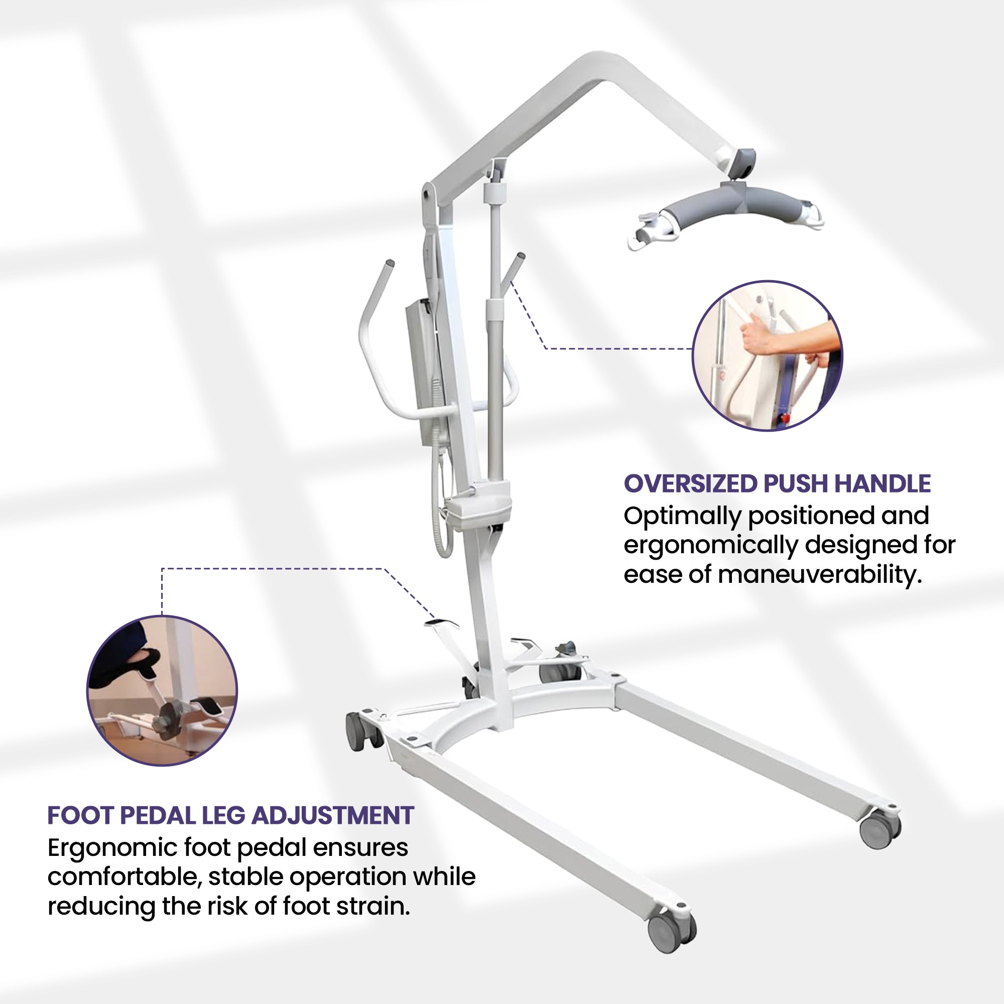 Adjustable lifting boom on HPL450 electric patient liftadjustable wheeled base, overhead push-pull handle, and foot pedal.