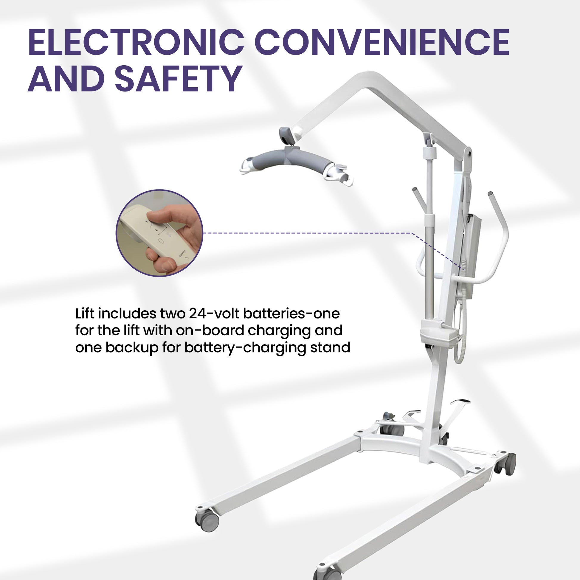 Heavy-duty caster wheels on Hoyer HPL450 patient lift  with a curved overhead arm, wheels, hand holding a battery, and a base frame. 