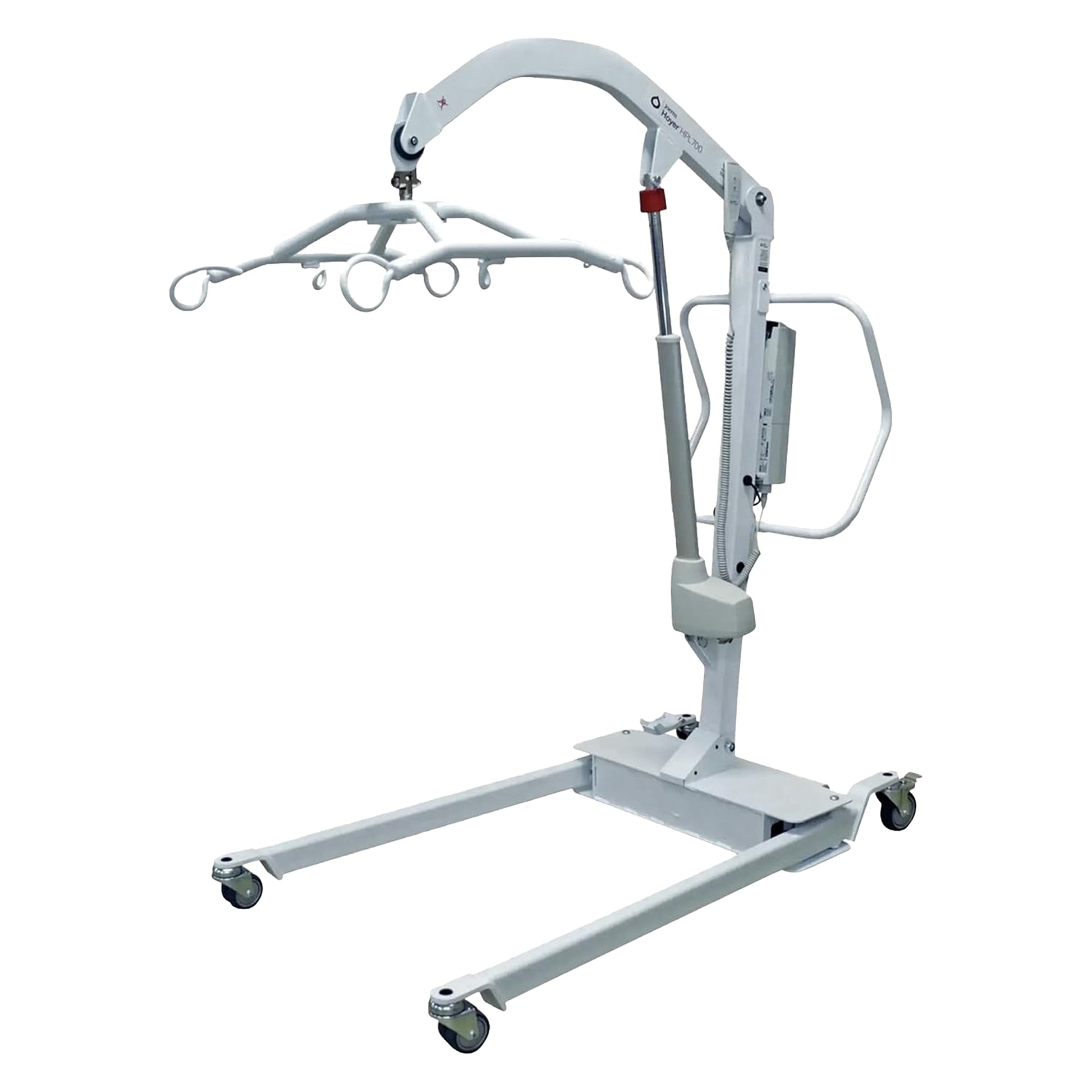 Hoyer HPL700 bariatric electric patient lift with high weight capacity with a wheeled base, articulated arm, and multiple hanging rings for lifting equipment, shown on a plain white background.