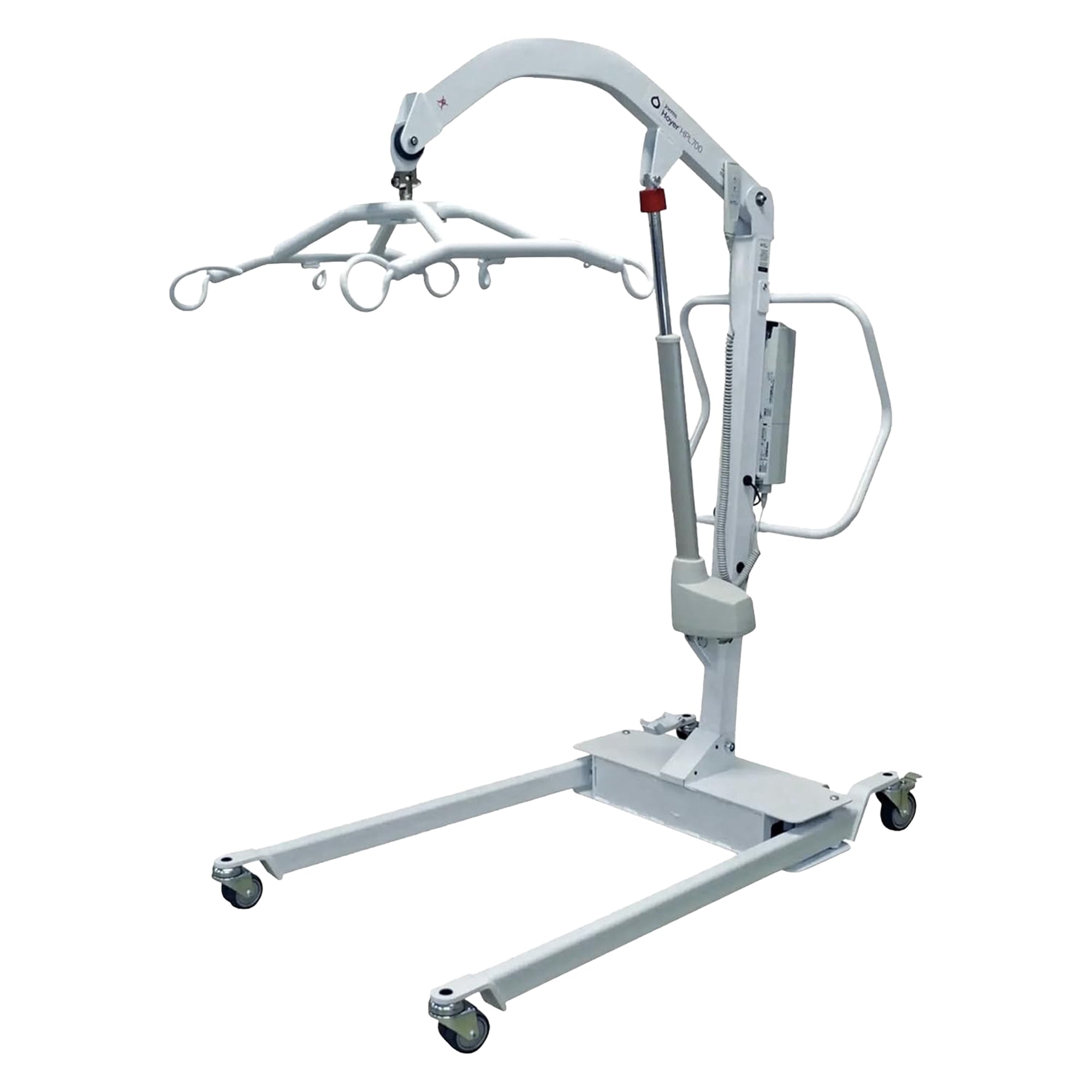 Hoyer HPL700 bariatric electric patient lift with high weight capacity with a wheeled base, articulated arm, and multiple hanging rings for lifting equipment, shown on a plain white background.