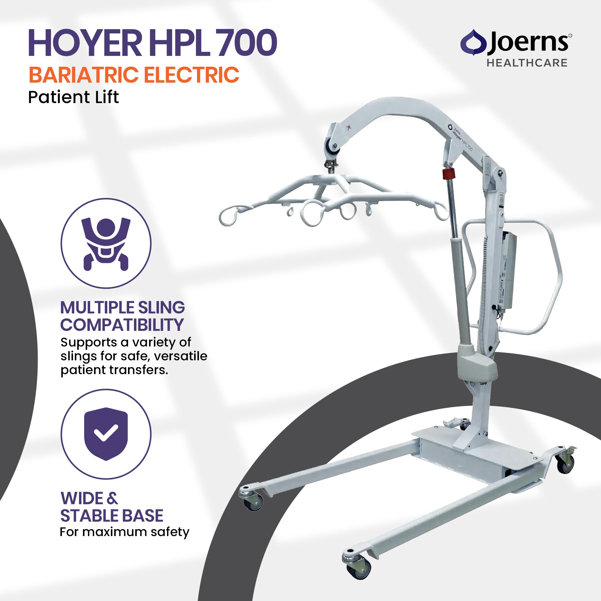 Joerns Healthcare Hoyer HPL 700 Bariatric Electric Patient Lift shown on a white and gray promotional background with product text and feature icons.