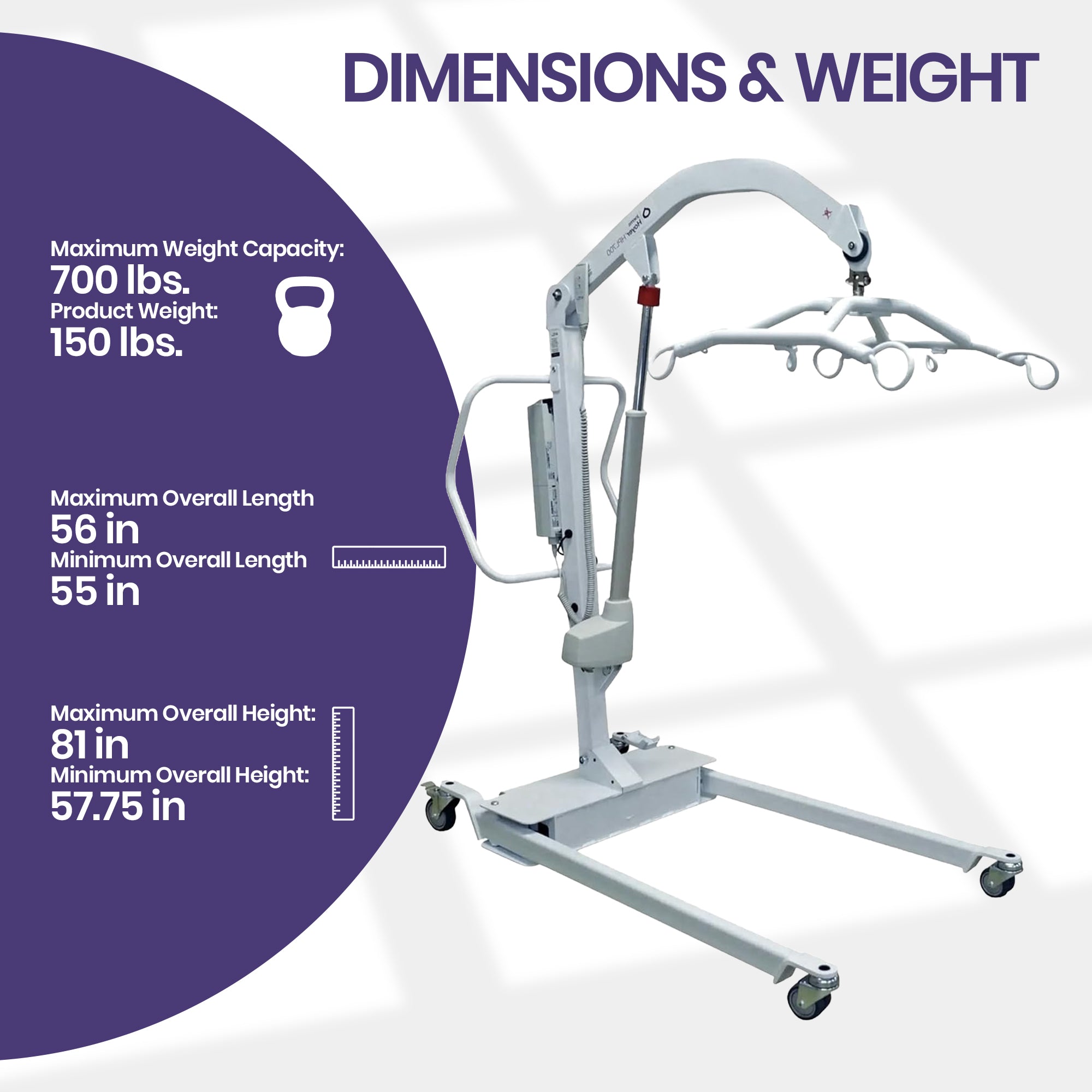 Hoyer HPL700 heavy-duty mobile patient lift bed transfer cart with  dimensions and weight capacity.