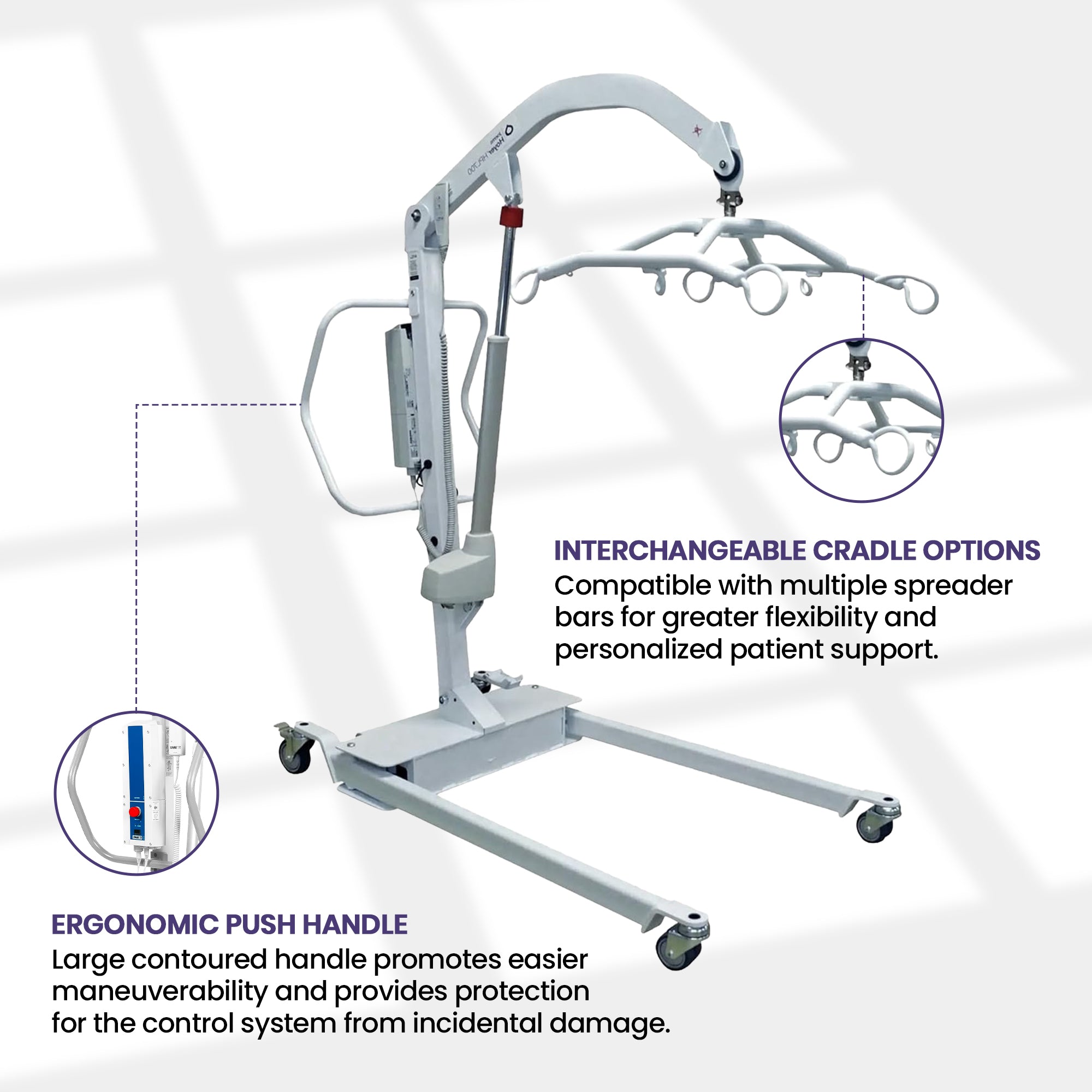 Wide adjustable base on HPL700 bariatric patient lift  with cradle bars and casters, shown on a light gray background with callout circles and text describing interchangeable cradle options, ergonomic push handle, and compatibility.