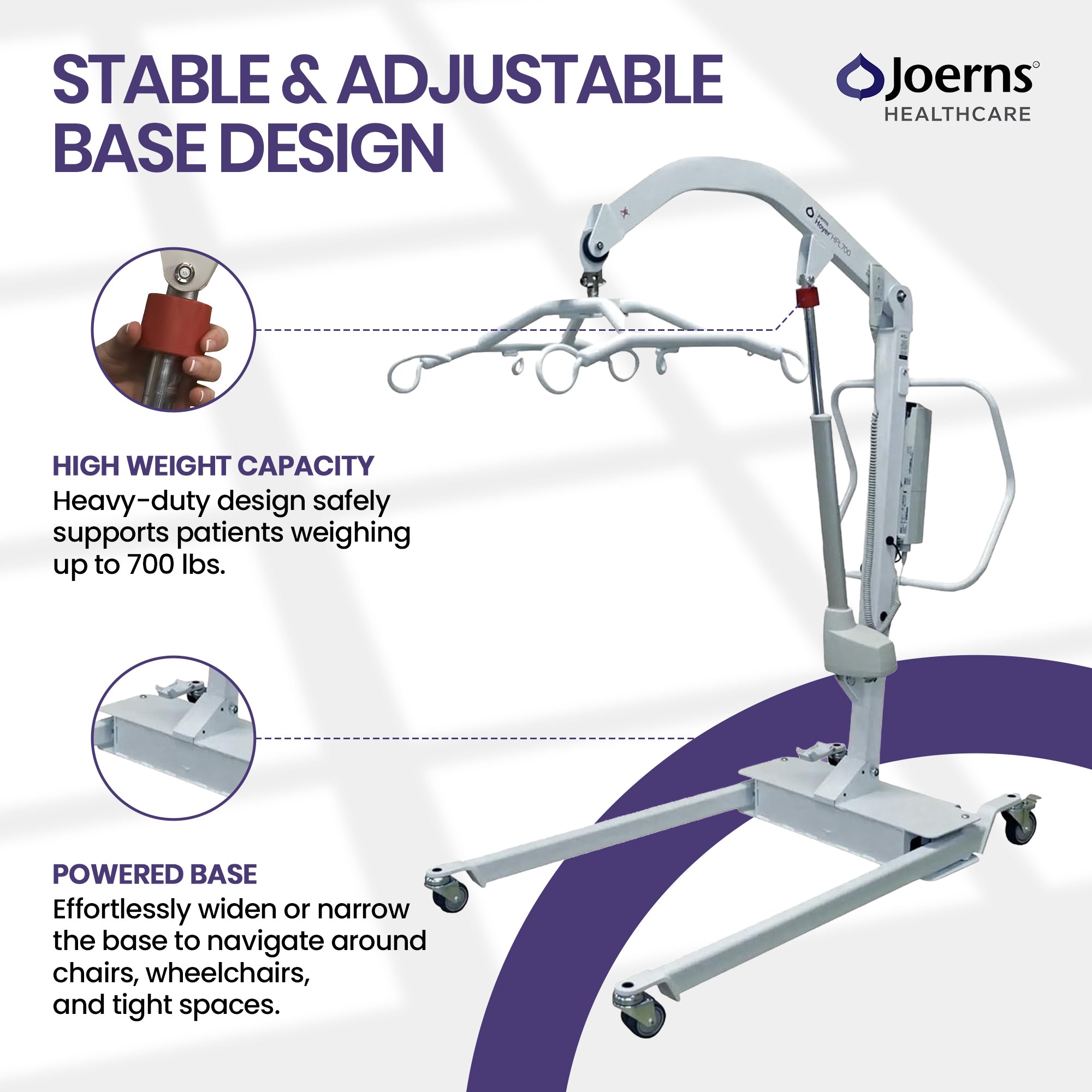 Joerns HPL700 Healthcare stable and adjustable base design lift cart, featuring  with a curved arm and spreader bar for secure sling support
