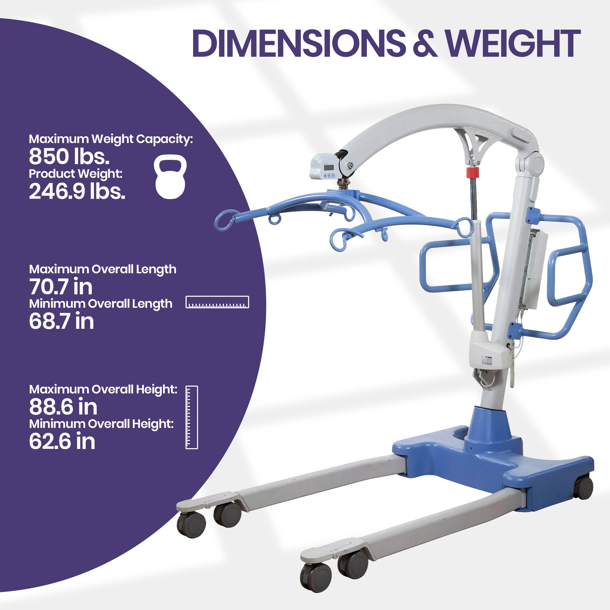 Hoyer Professional Calibre Bariatric Lift medical-style patient transport lift with  arm/handley. Containing dimensions and weight specifications.