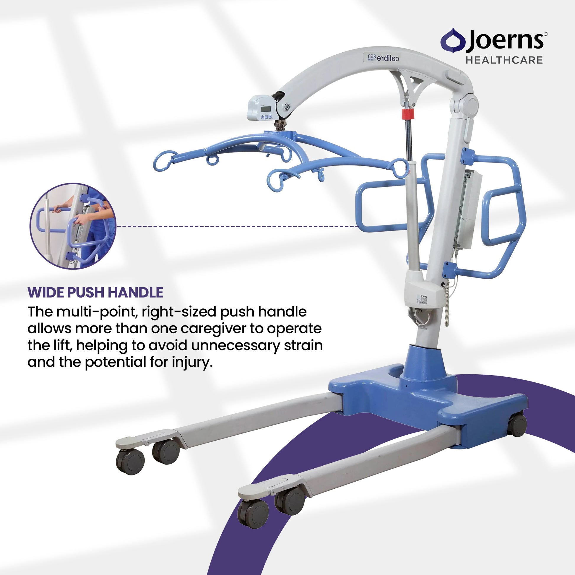 Hoyer Professional Calibre Bariatric liftendax medical patient transfer lift support arms, and a white curved overhead arm. The wide push handle caregiver using the lift.