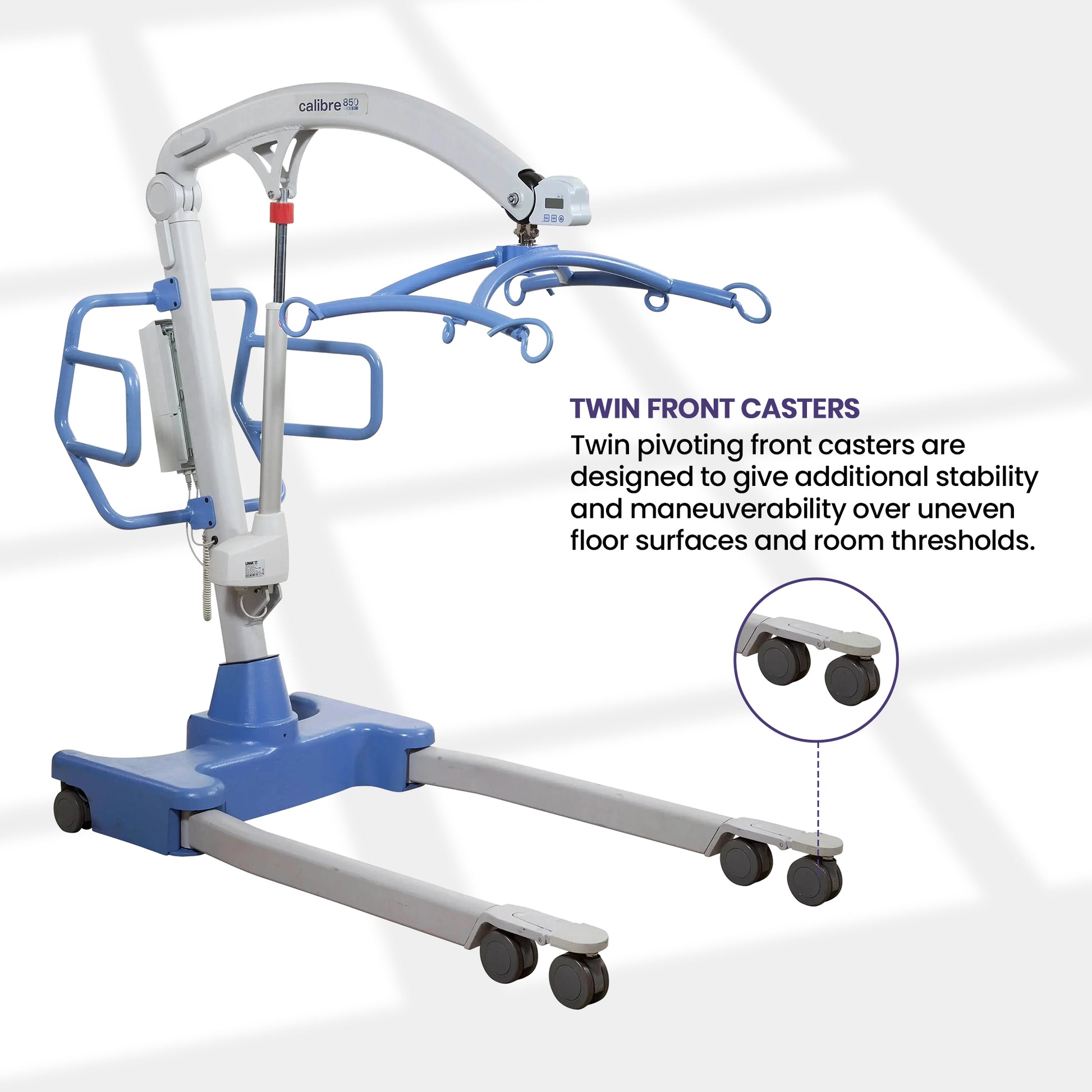 Hoyer Professional Calibre Bariatric Lift
twin pivoting front casters design, Stability floor surfaces.