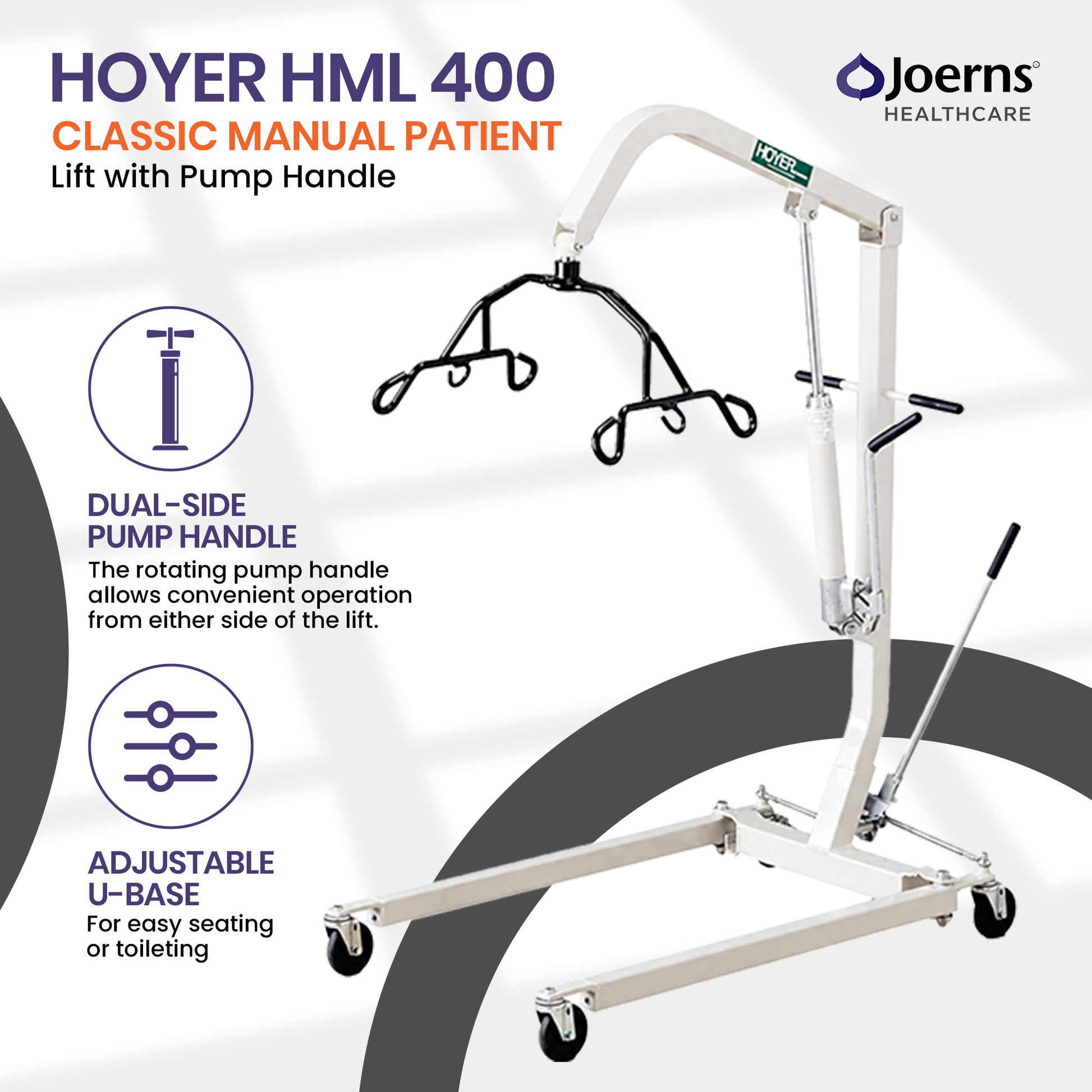 White Joerns Hoyer HML 400 Classic Manual Patient Lift with pump handle, dual-side pump handle and adjustable U-base 