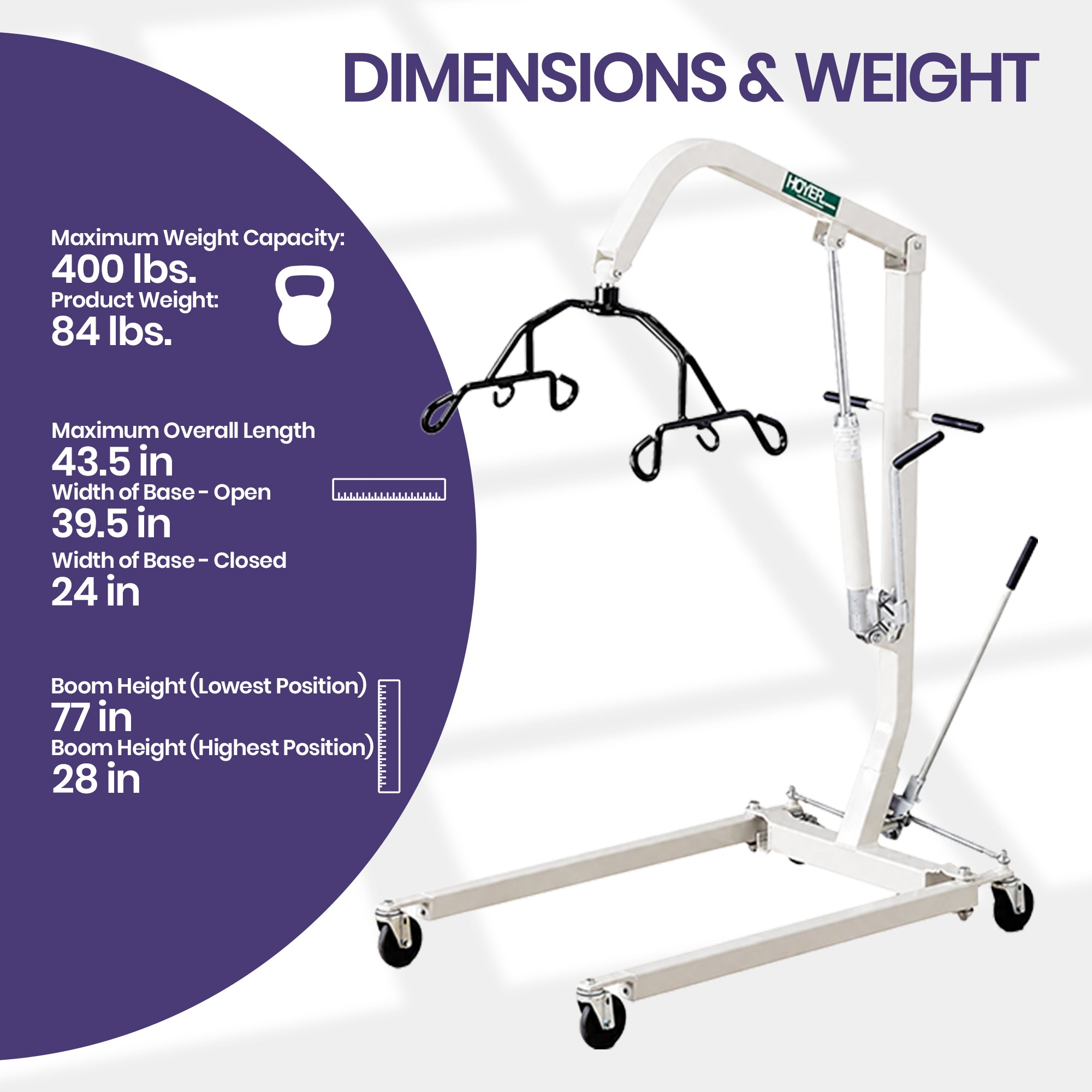 Hoyer HML400 Hydraulic Patient Lift
chart transfer board with black hanging straps. Product's dimensions, weight capacity, and overall measurements.