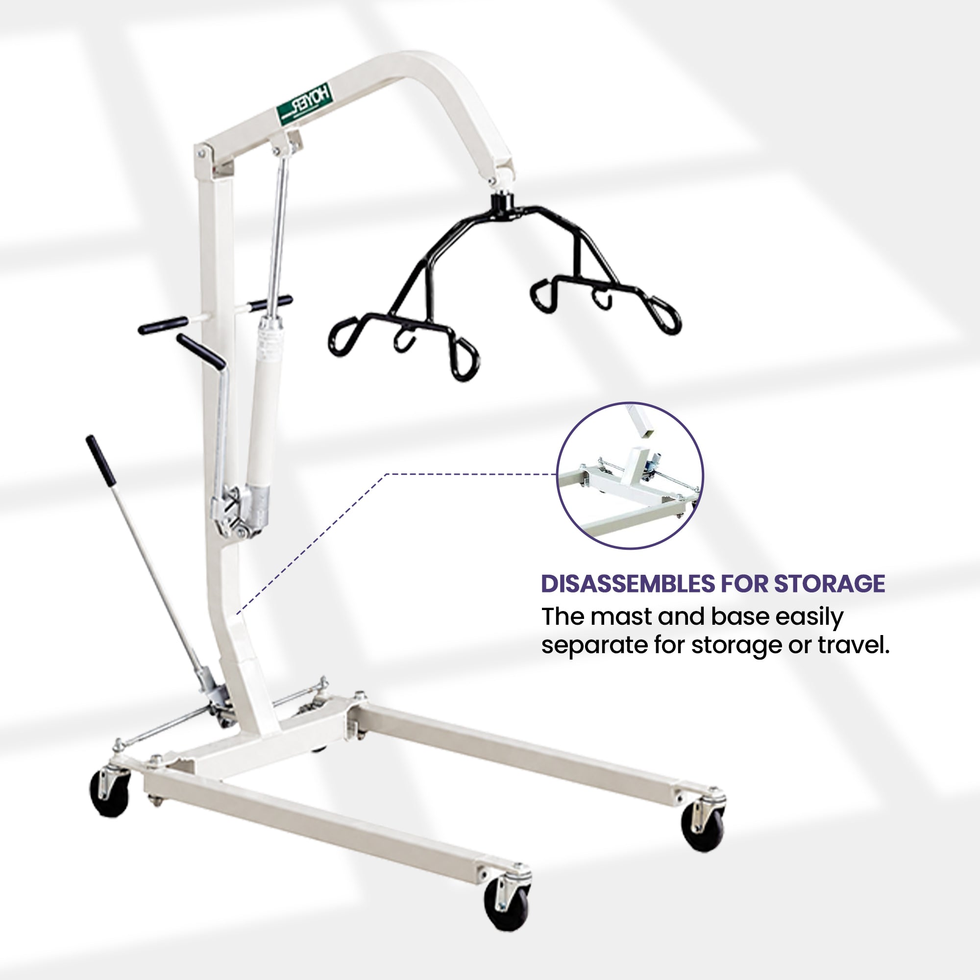 Heavy-duty caster wheels on Hoyer HML400 patient lift separete for storage or travel.