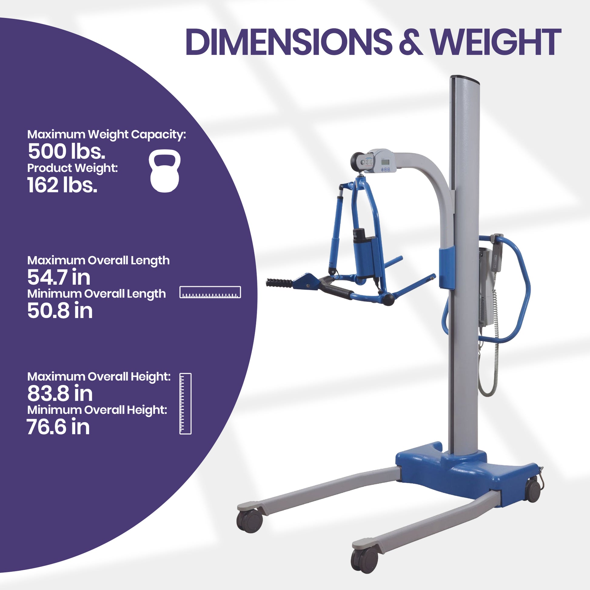 Hoyer Stature Professional Patient Lift
frame, overlays detailing its dimensions, weight capacity, and overall height and length measurements.