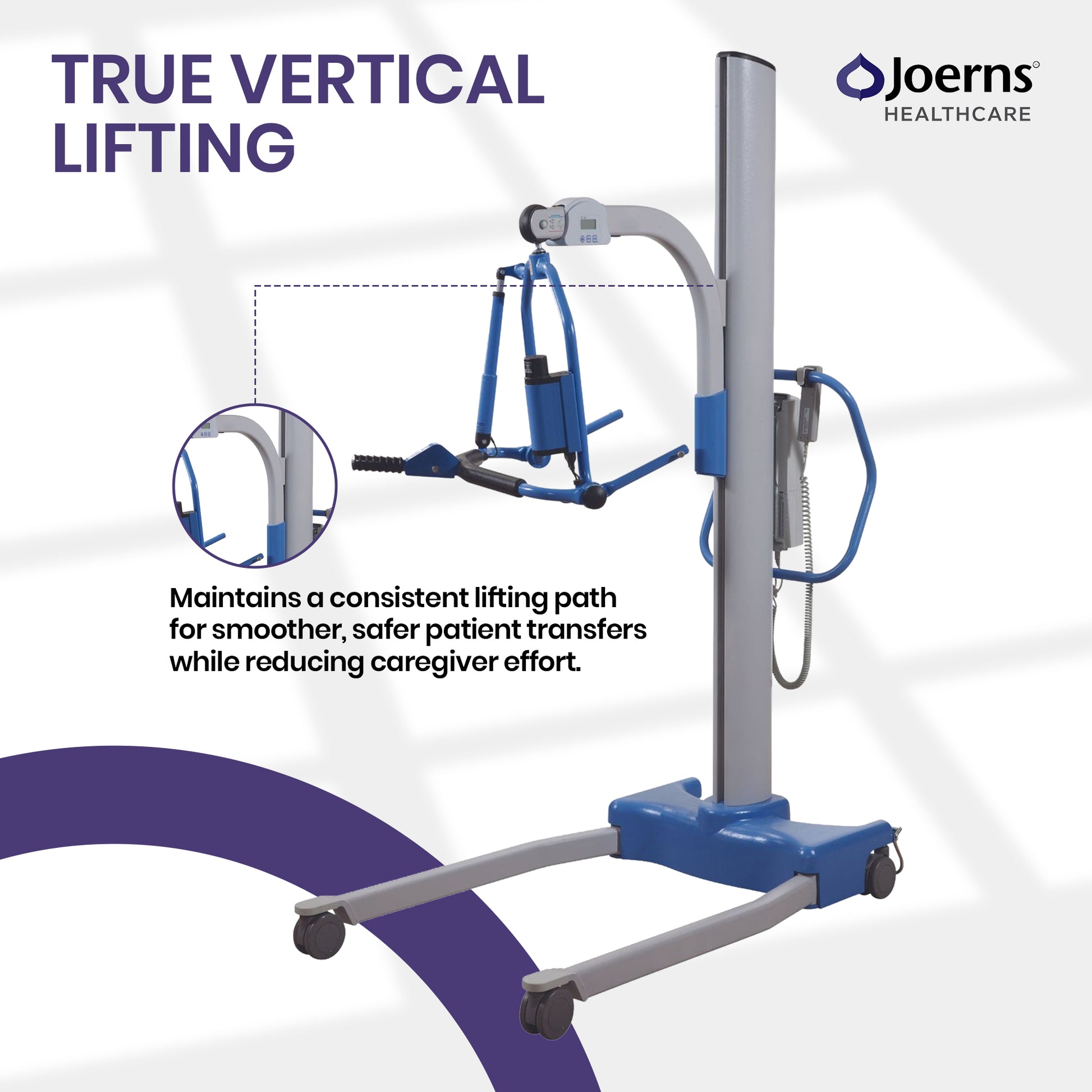 Joerns Healthcare true vertical lifting bed transfer system maintains lifting path for smoother,reducing caregiver effort.