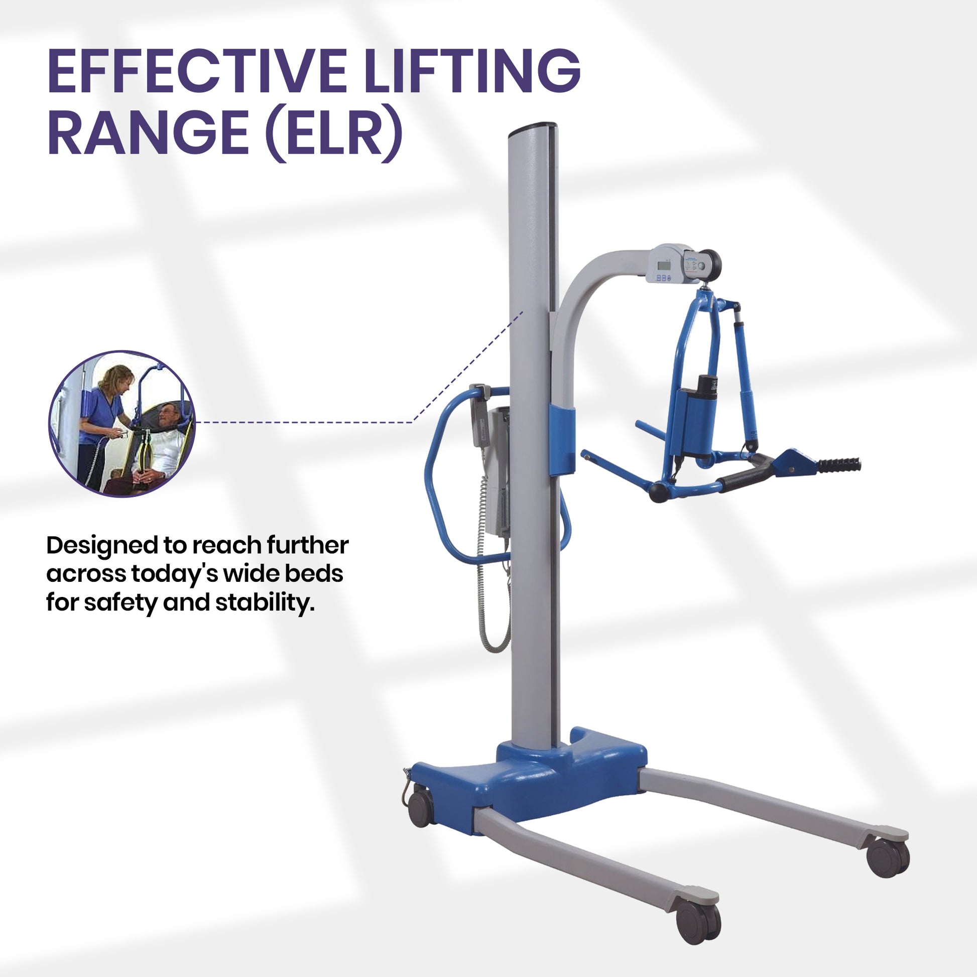 Hoyer Stature Professional Patient Lift deisgned wide beds for safety and stability. 