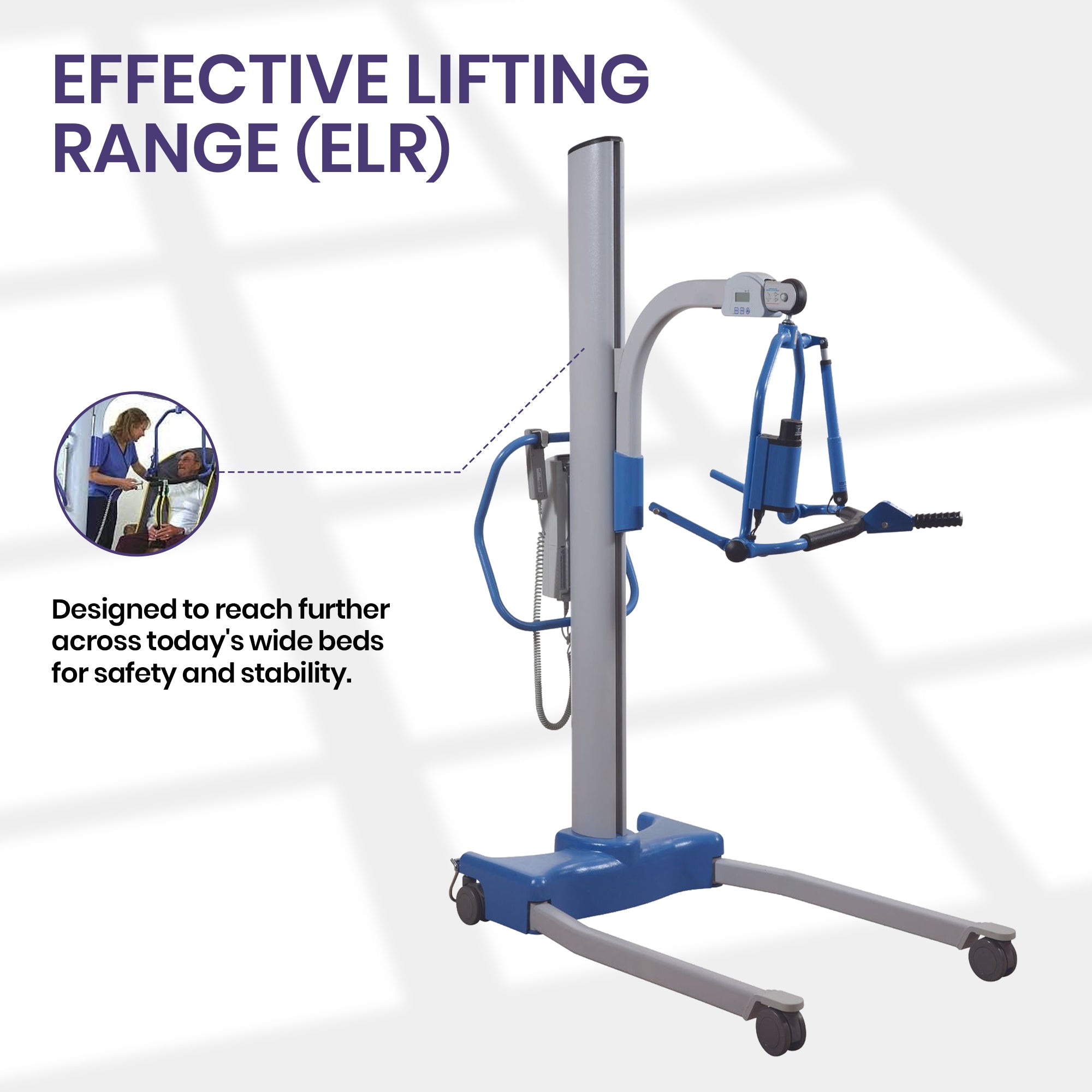 Hoyer Stature Professional Patient Lift deisgned wide beds for safety and stability. 