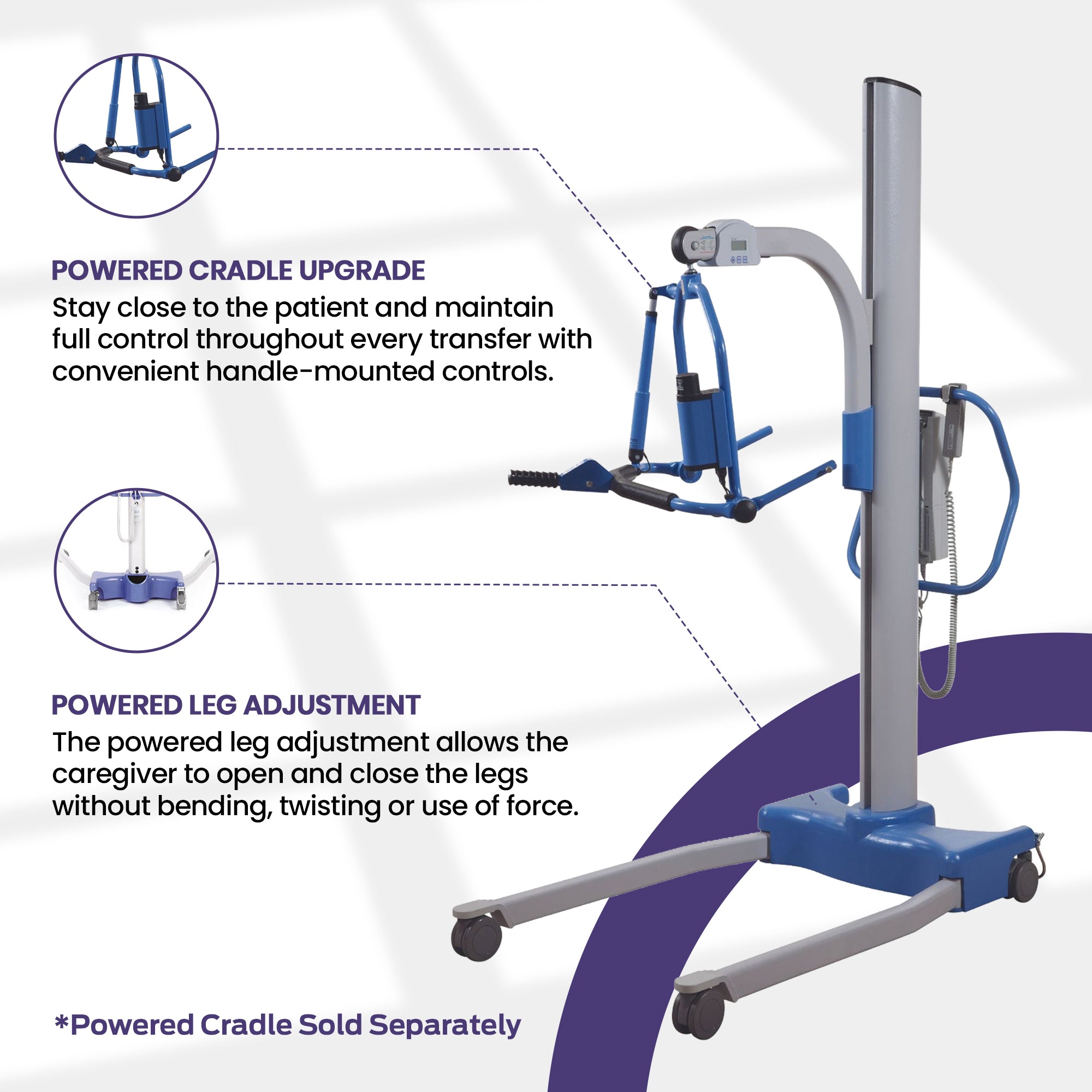 Hoyer Stature Professional Patient Lift
transfer crane frame, powered cradle upgrade and powered leg adjustment.