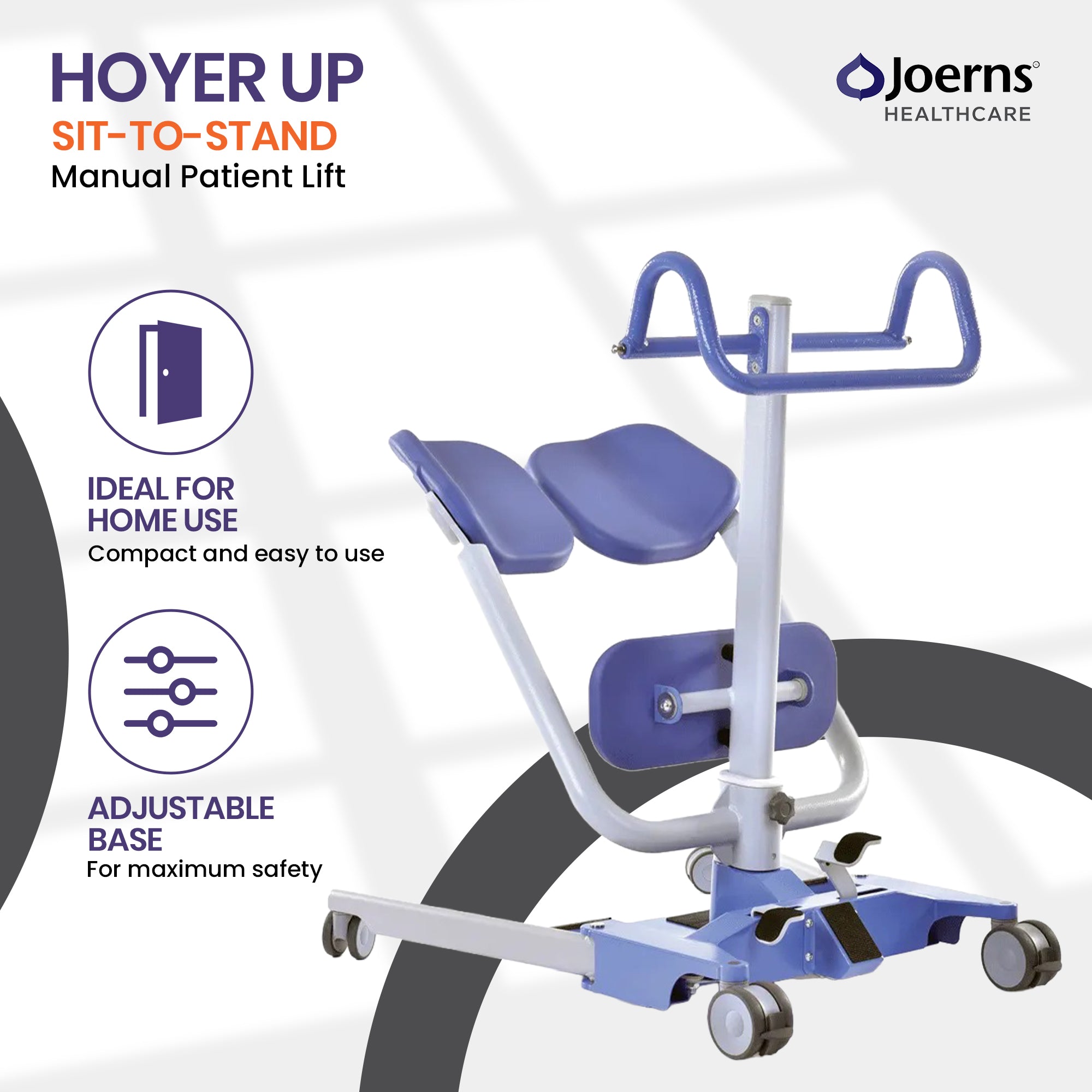 Joerns Healthcare Hoyer Up Sit-to-stand Manual Patient Lift ideal for home use and adjustable base.