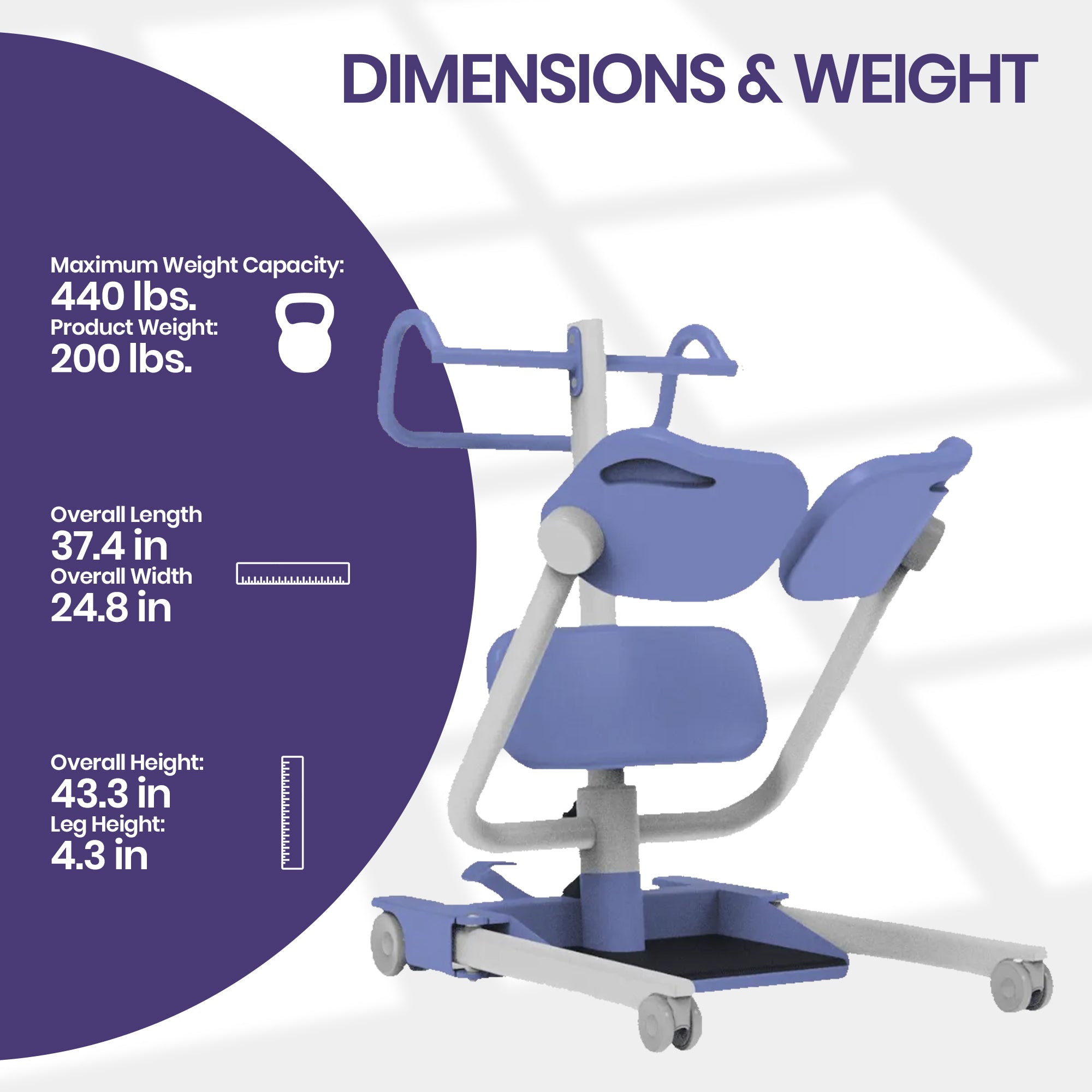 Hoyer Up Sit-to-Stand Patient Lift for Small Spaces dimensions and weight i rolling therapy table or treatment chair, maximum weight capacity, product weight, overall length, overall width, and overall height.