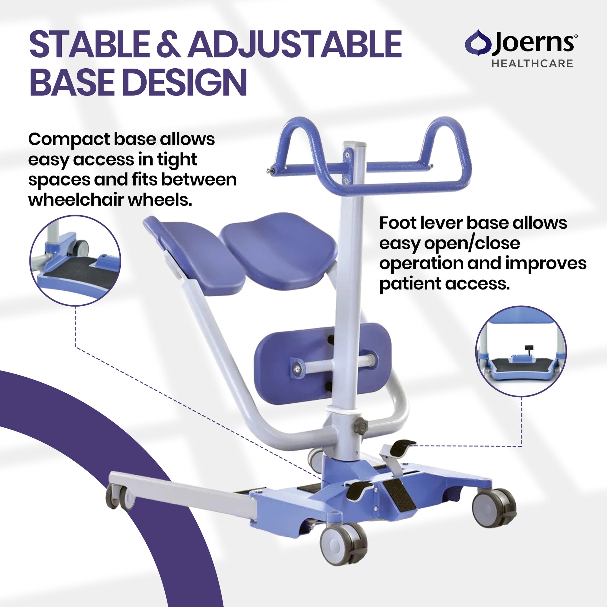 Hoyer Up Sit-to-Stand Patient Lift for Small Spaces transfer chair with an adjustable base and foot lever. 