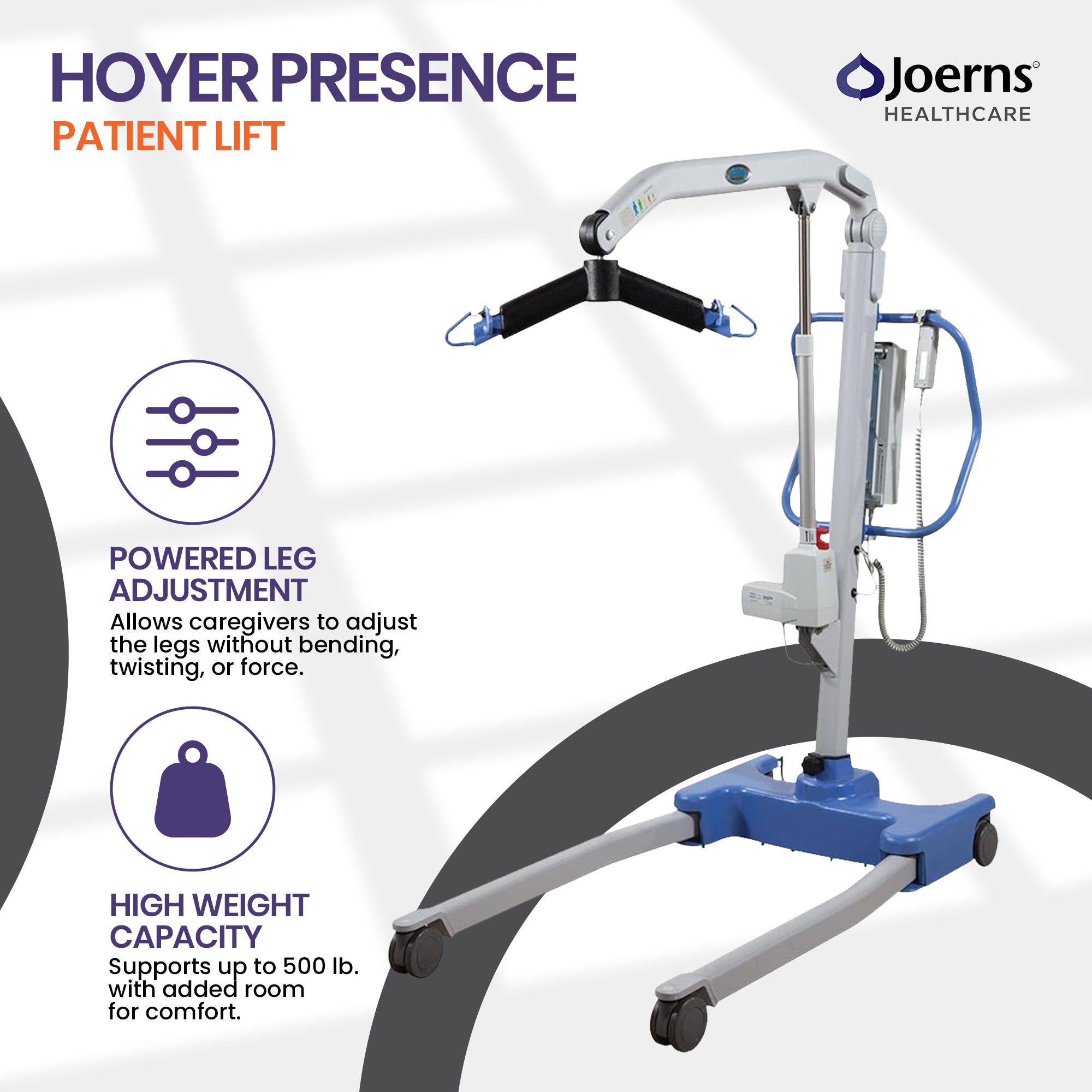 Joerns Healthcare Hoyer Presence Pro 500 Patient Lift feature callouts including powered leg adjustment and high weight capacity.