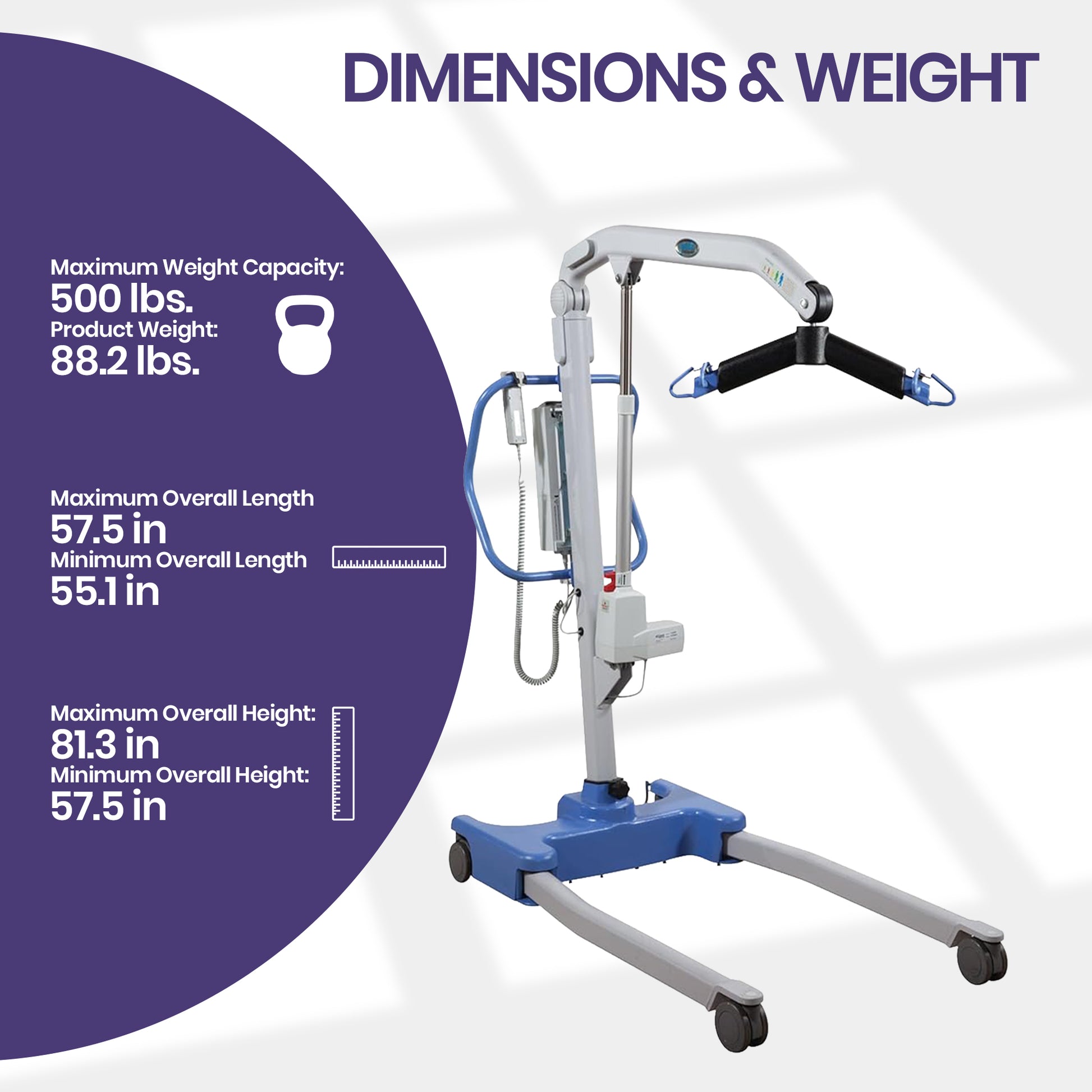 Hoyer Presence Pro 500 Patient Lift large purple circular callout containing dimensions and weight capacity. 