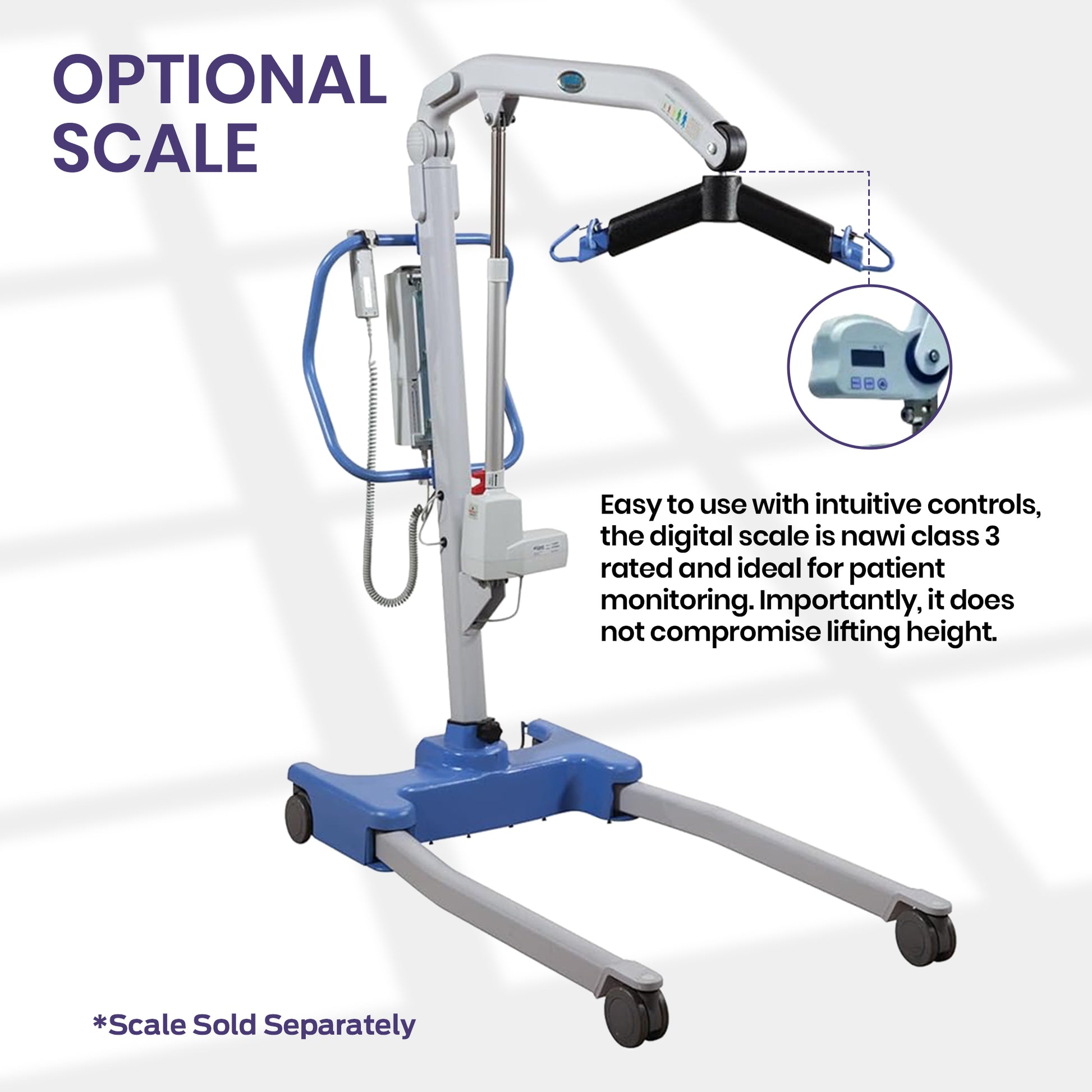 Hoyer Presence Pro 500 Patient Lift optional digital patient monitoring scale with an adjustable metal support frame, blue base, and black lifting handles.
