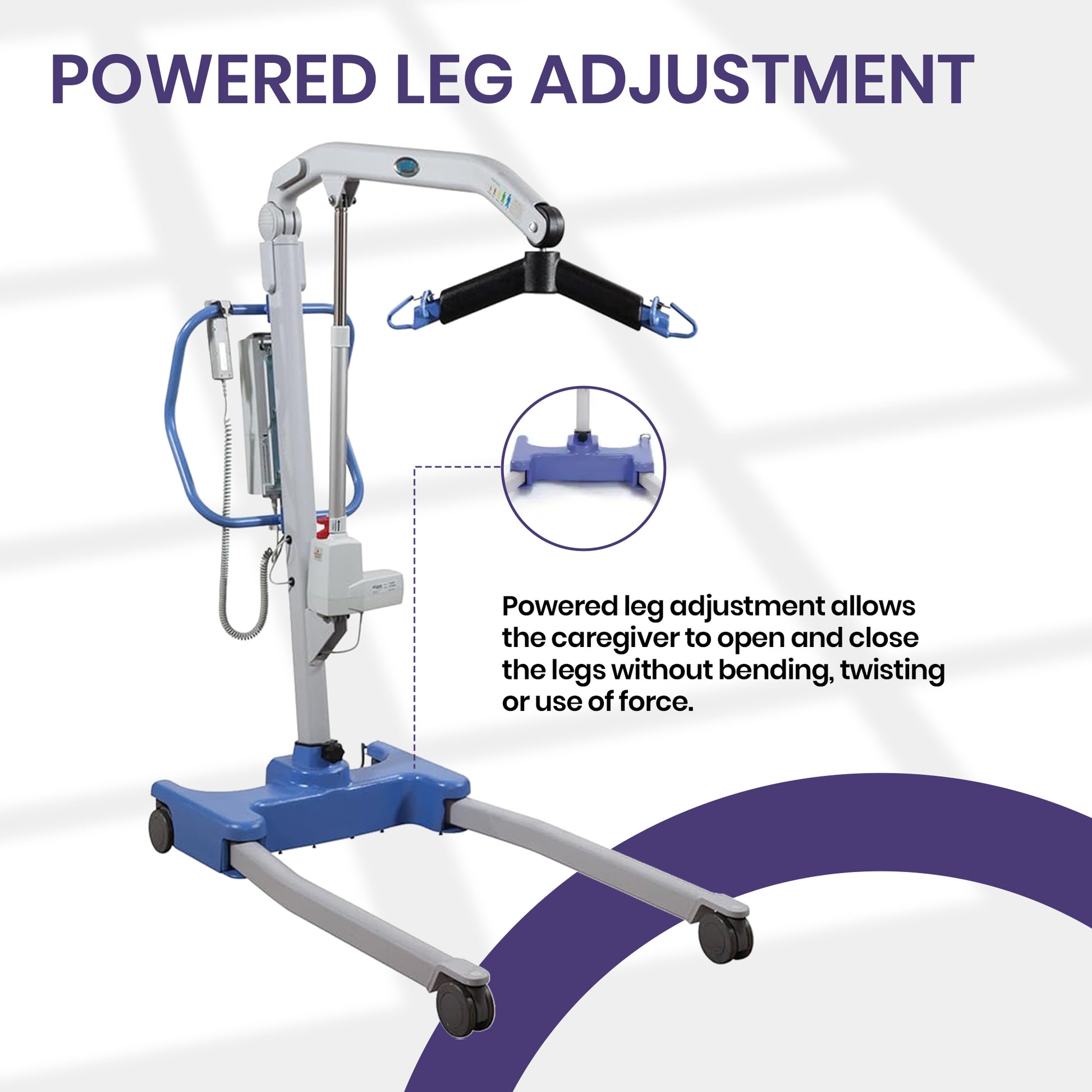 Hoyer Presence Pro 500 Patient Lift powered leg adjustment caregiver lift with a blue and silver base, arm, and leg mechanism, and a circular inset highlighting the adjustment feature.