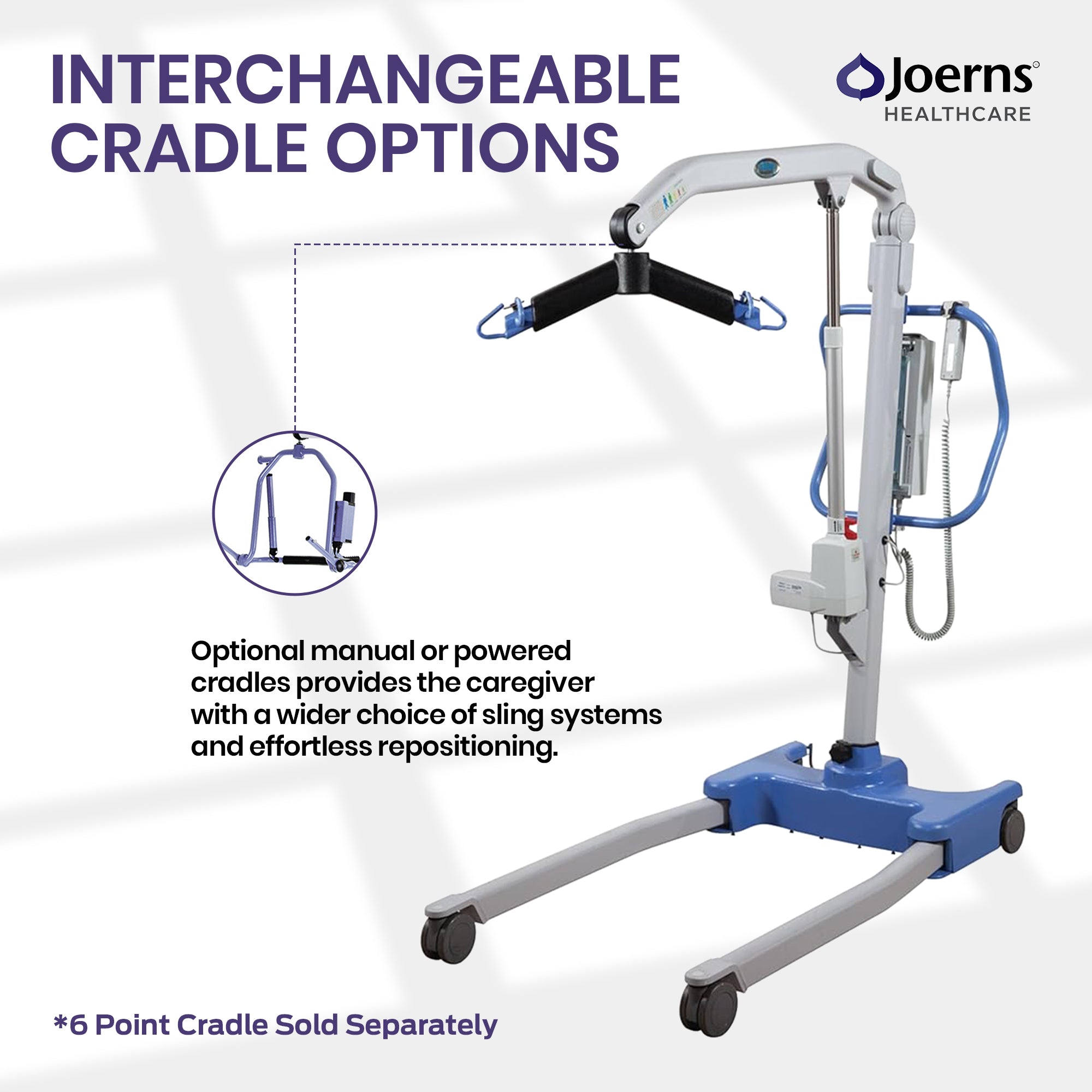 Joerns Healthcare Hoyer Presence Pro 500 Patient Lift interchangeable cradle options and  powered mobile hospital bed frame with sling attachments. Powered cradles and a note that the 6-point cradle is sold separately.