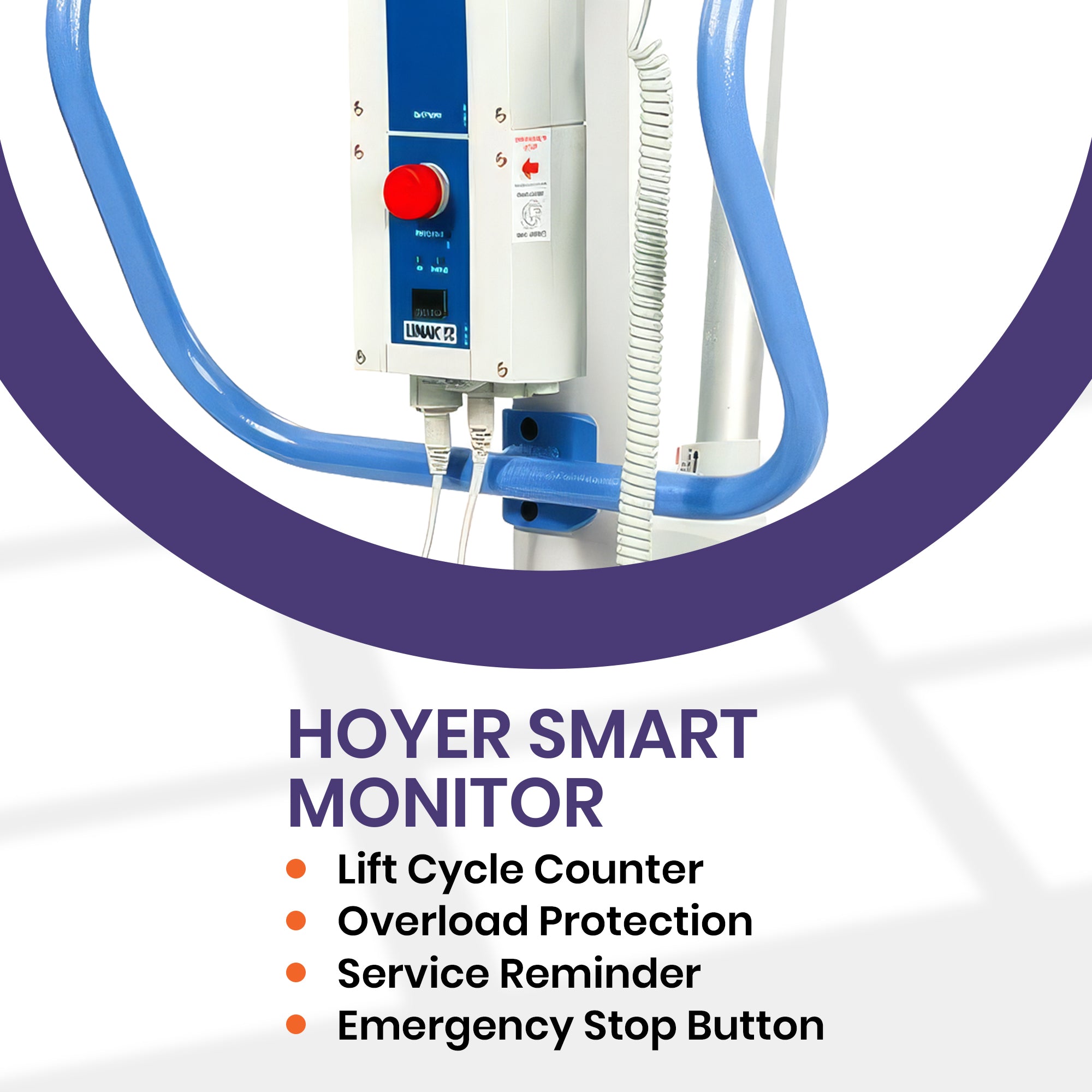 Hoyer Presence Pro 500 Patient Lift Smart Monitor medical lift control unit with blue tubing and a white pole, listing features such as lift cycle counter, overload protection, service reminder, and emergency stop button.