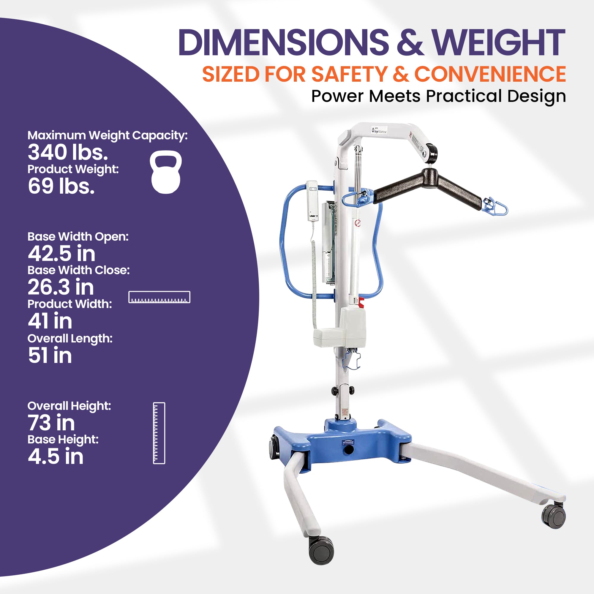 Side profile of Hoyer Advance mobile patient lift with ergonomic push handle